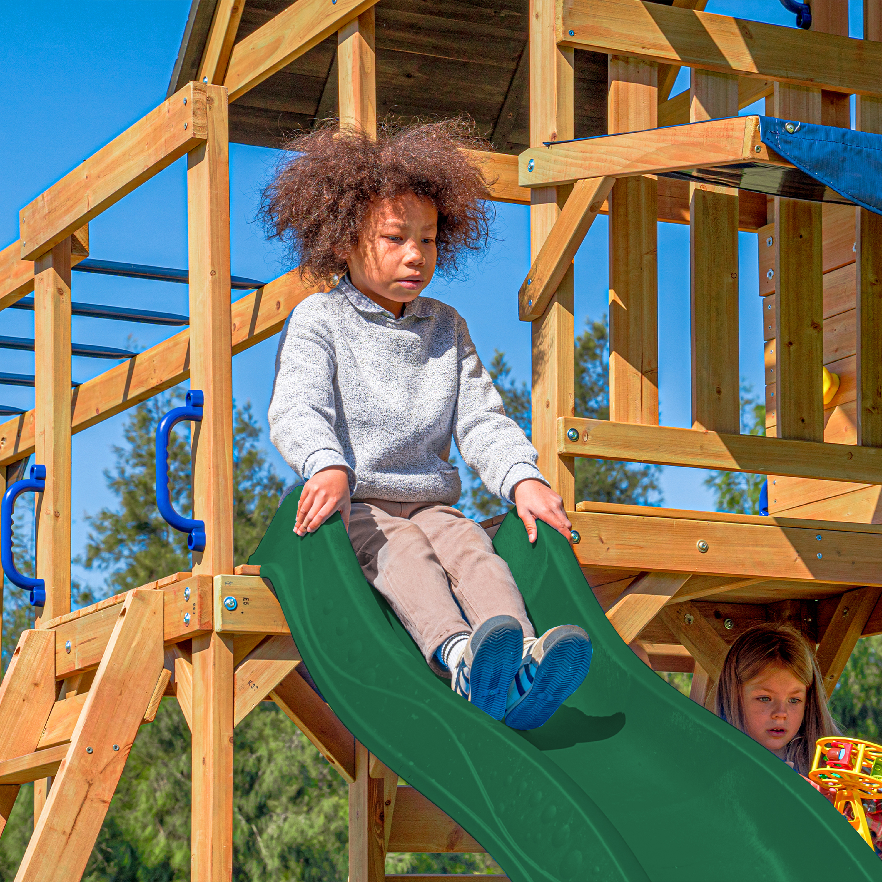 AXI Mitch Climbing Frame with Double Swing. Trapeze and Lookout Tower – Green Slide
