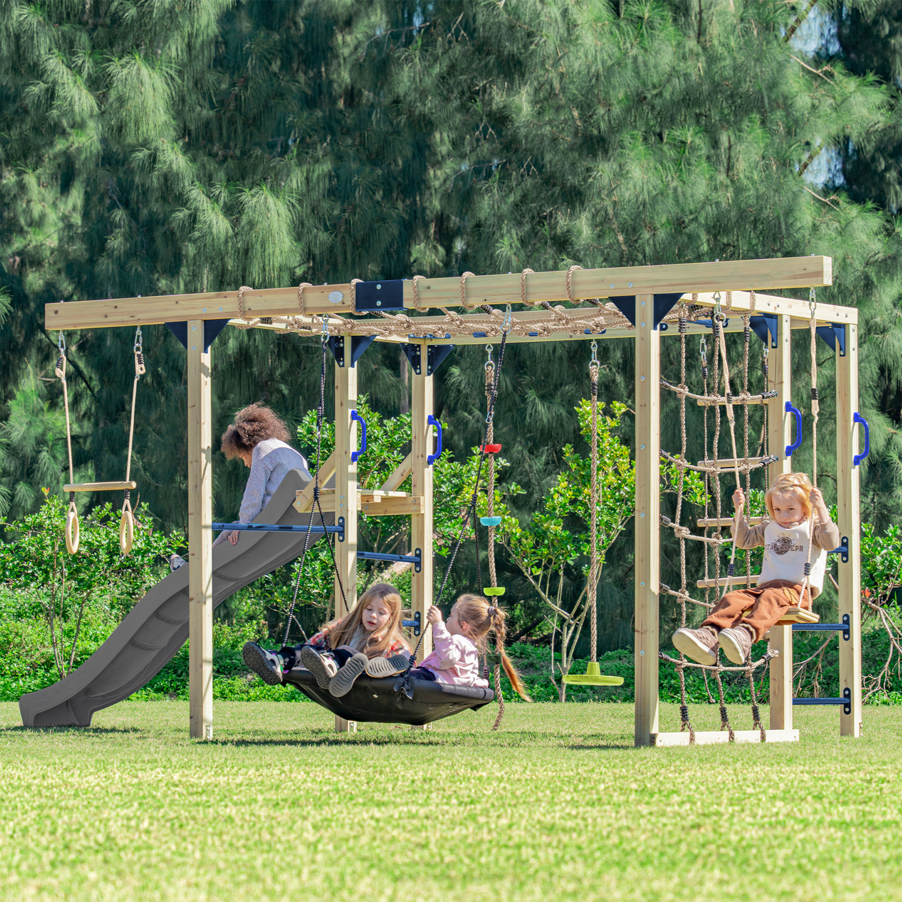 AXI Boris Wooden Playcentre with Swings, Trapeze, Climbing Nets and Monkey Bars – Grey Slide-8720365066672 AXI Boris Wooden Playcentre with Swings, Trapeze, Climbing Nets and Monkey Bars – Grey Slide