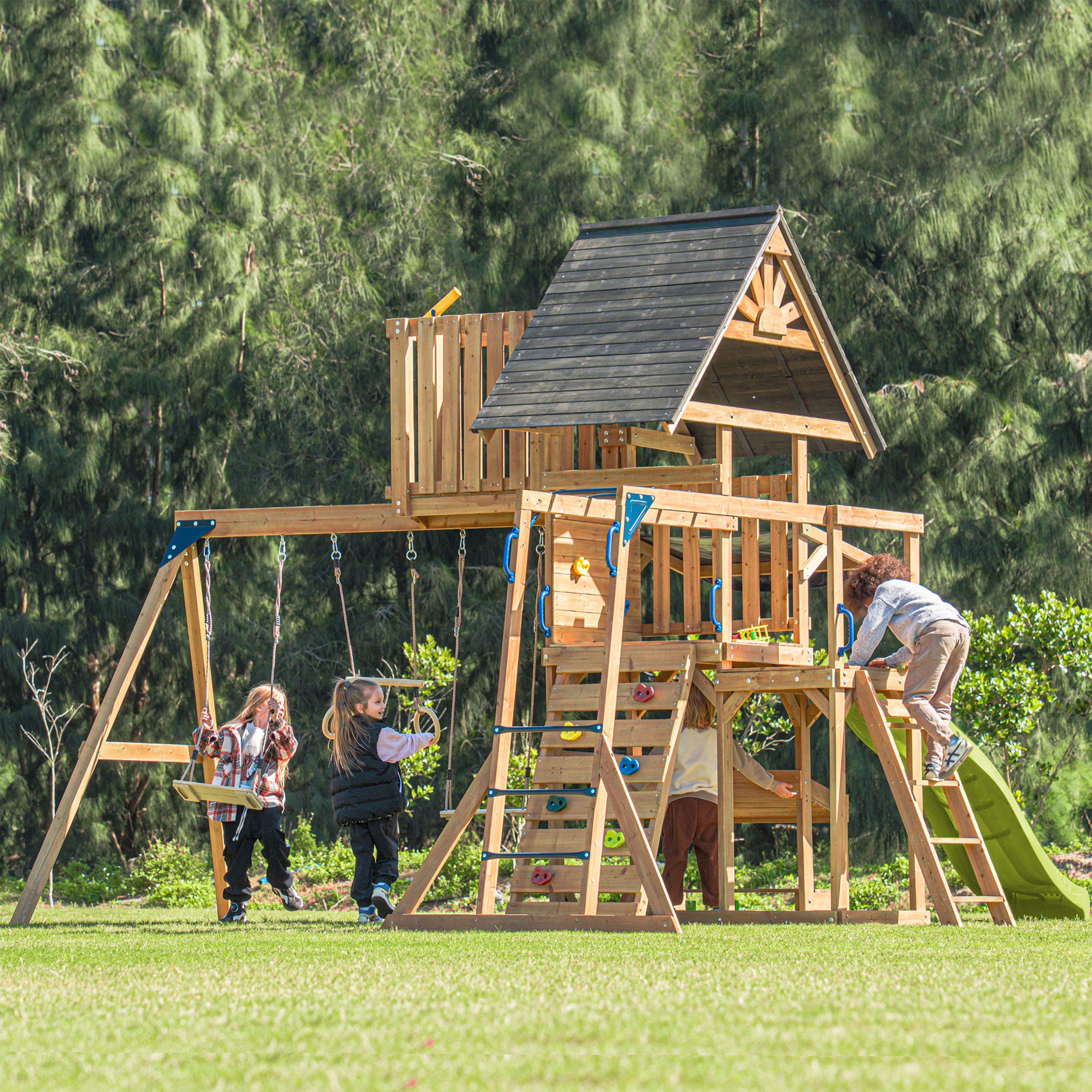 AXI Mitch Climbing Frame with Double Swing. Trapeze and Lookout Tower – Lime Green Slide