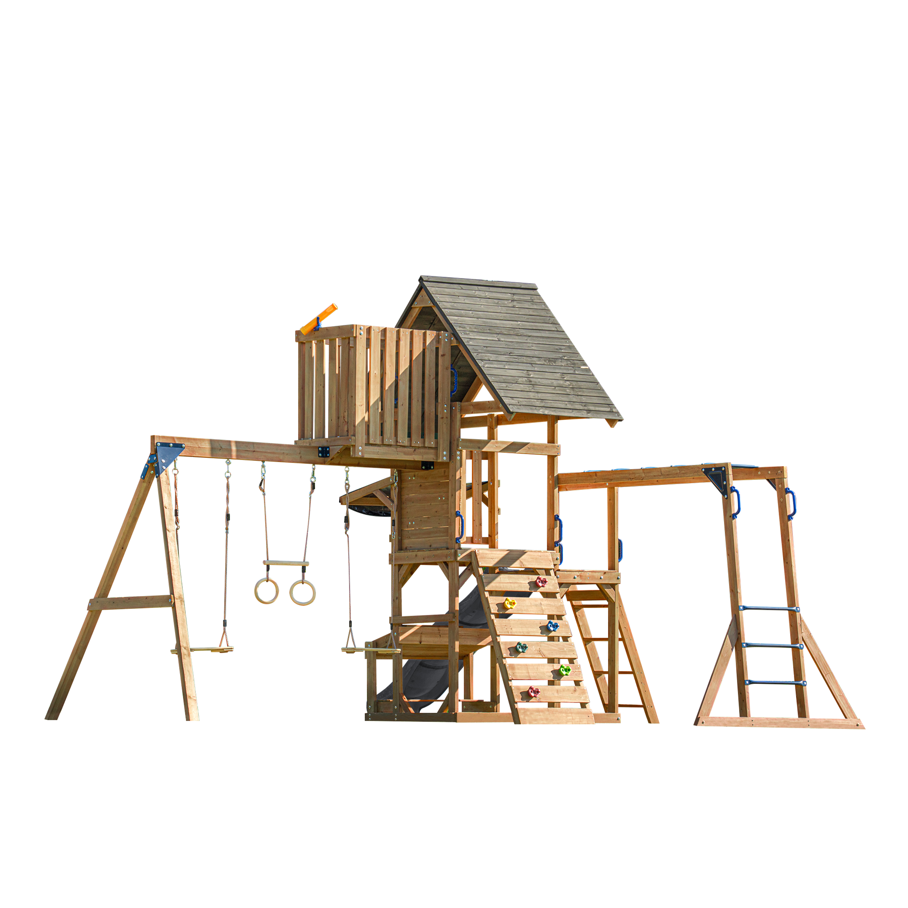 AXI Mitch Climbing Frame with Double Swing. Trapeze and Lookout Tower – Grey Slide
