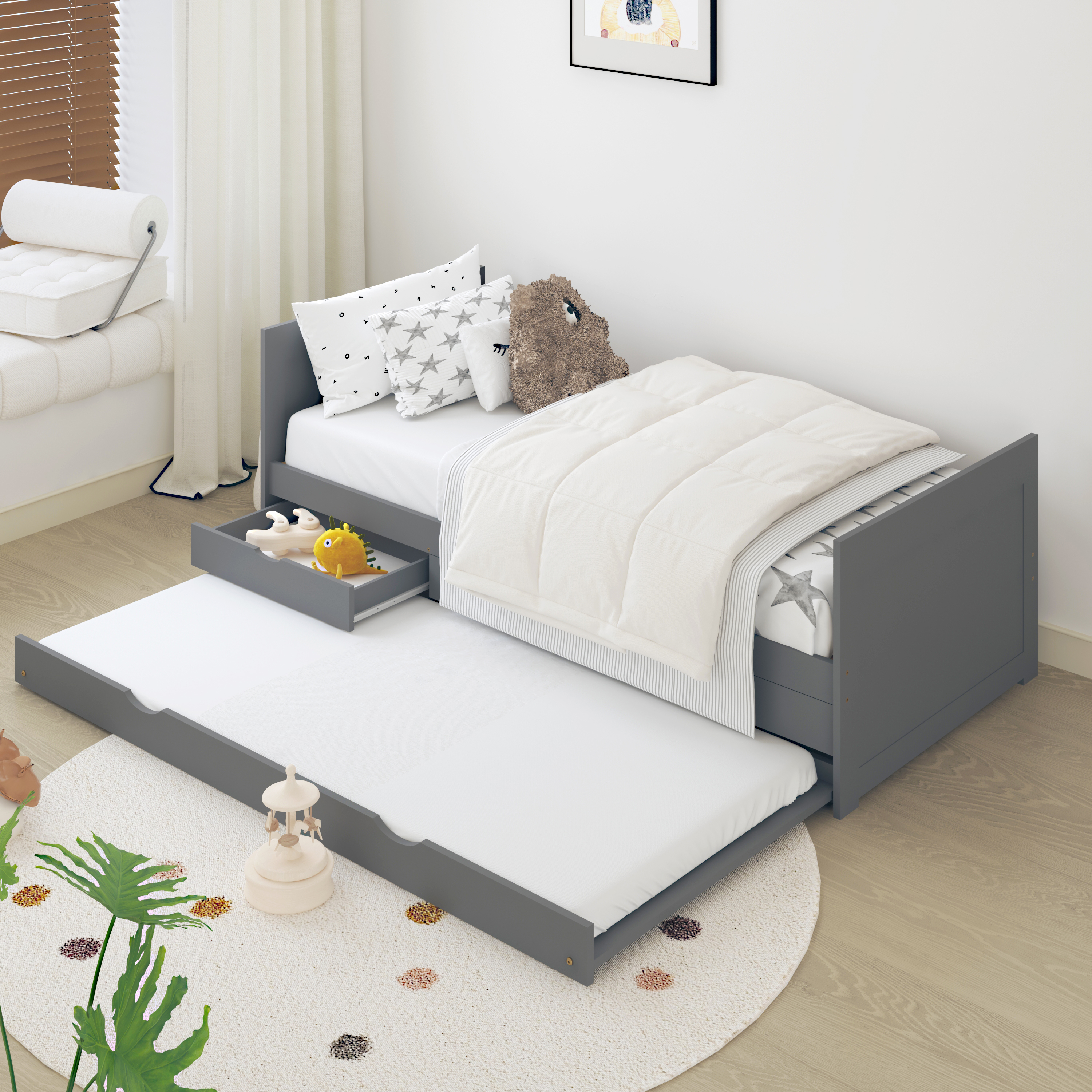 Sunny Eli Kids Bed with Pull-Out Bed and 3 Storage Drawers Grey – With Mattress