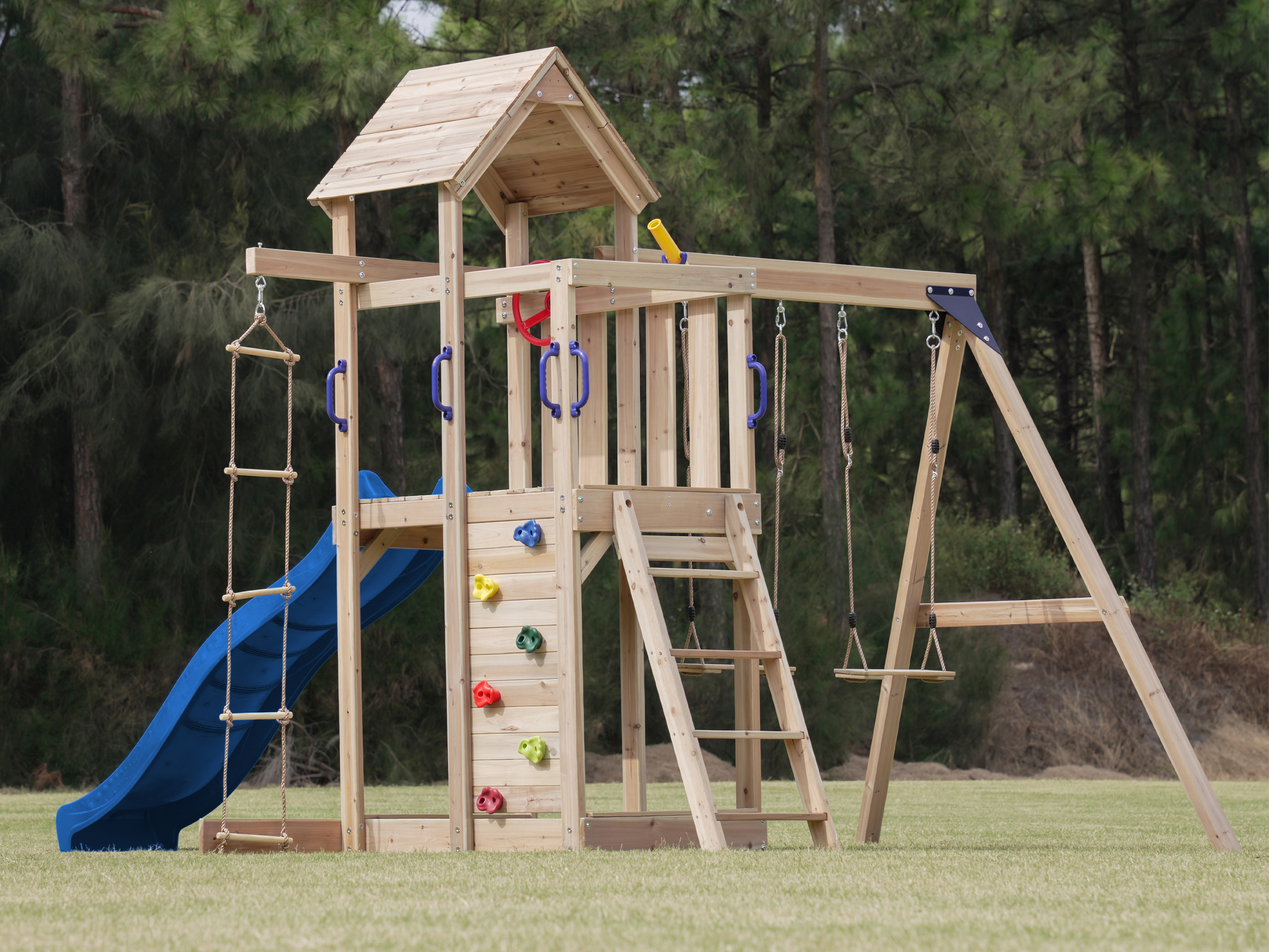 AXI Moos Play Set with Double Swing and Rope Ladder Brown - Blue Slide -8720365062100 AXI Moos Play Set with Double Swing and Rope Ladder Brown - Blue Slide