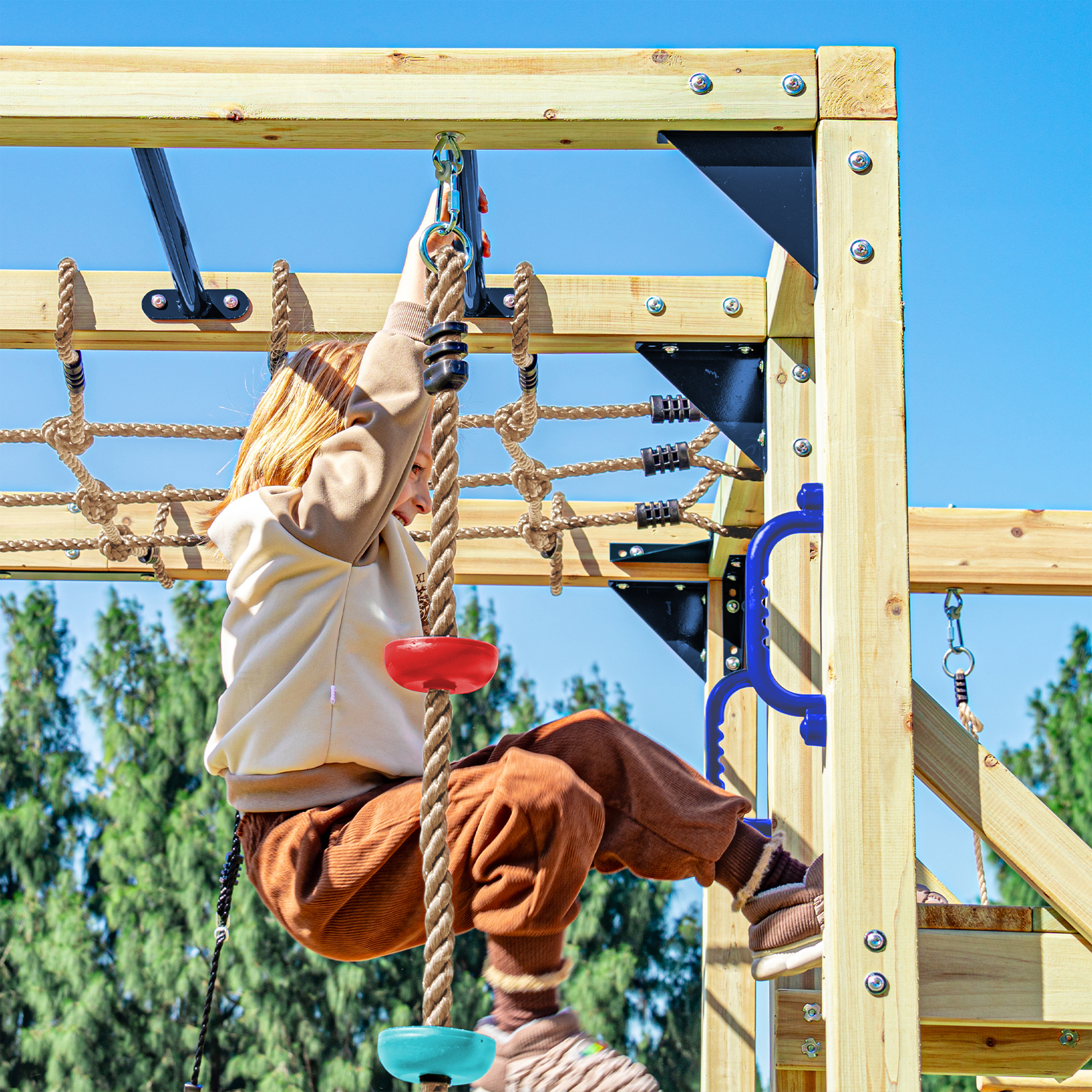 AXI Boris Wooden Playcentre with Swings. Trapeze. Climbing Nets and Monkey Bars – Blue Slide