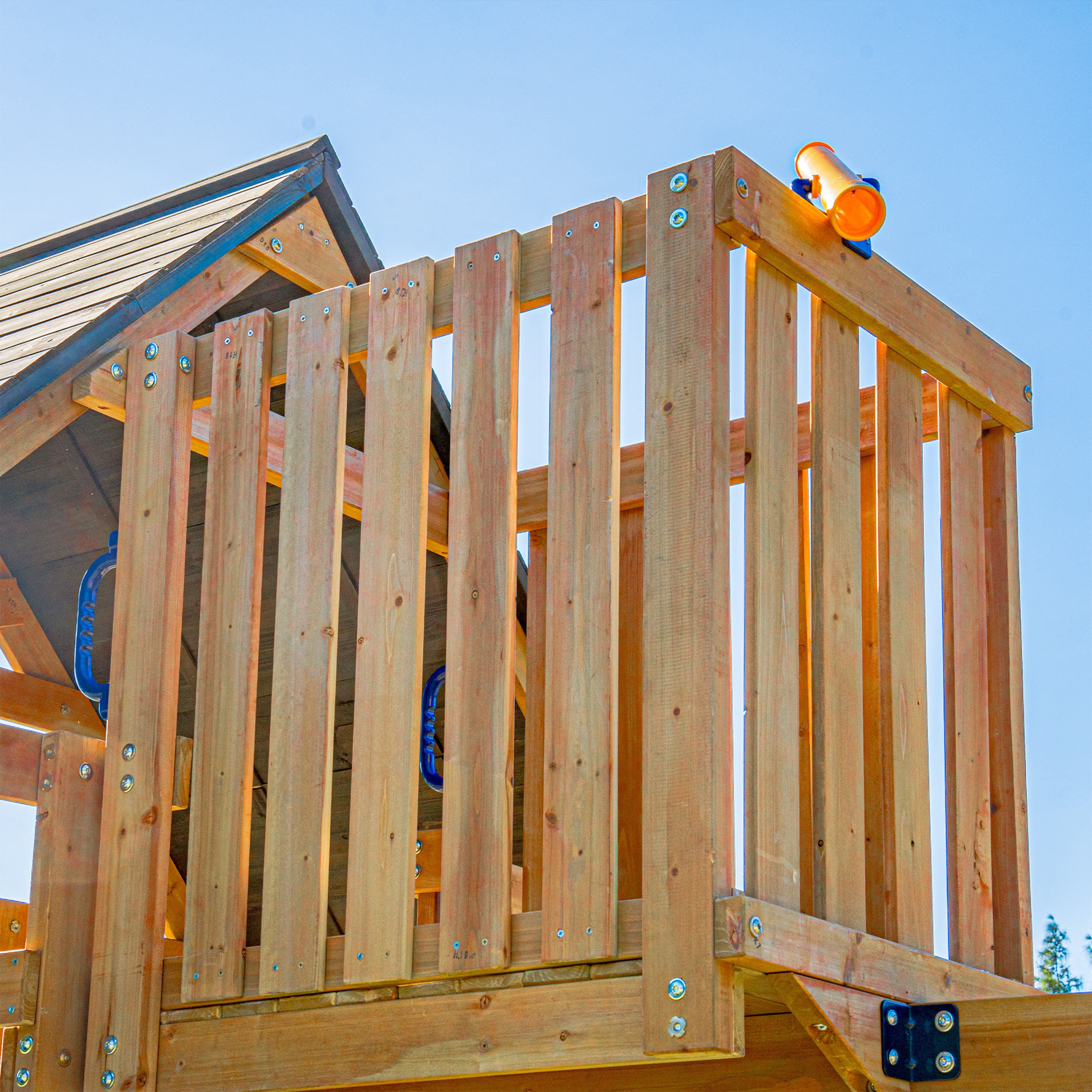 AXI Mitch Climbing Frame with Double Swing, Trapeze and Lookout Tower – Blue Slide