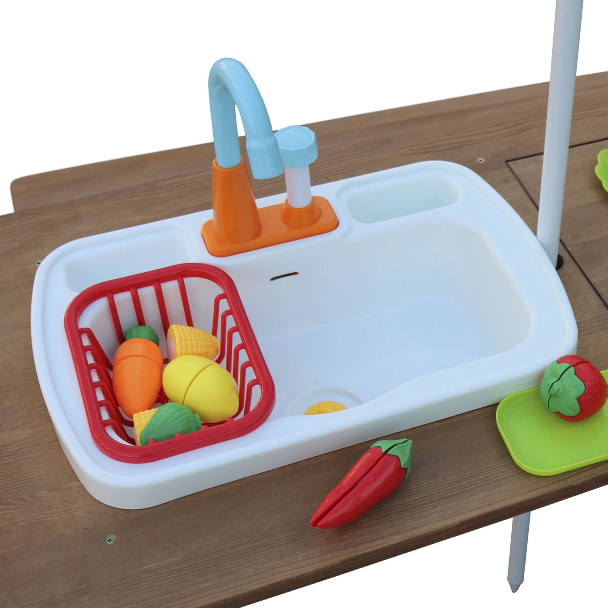 AXI Dennis Zand & Water Picknicktafel met Speelkeuken wastafel en losse bankjes Antraciet/bruin - Parasol Blauw/wit
