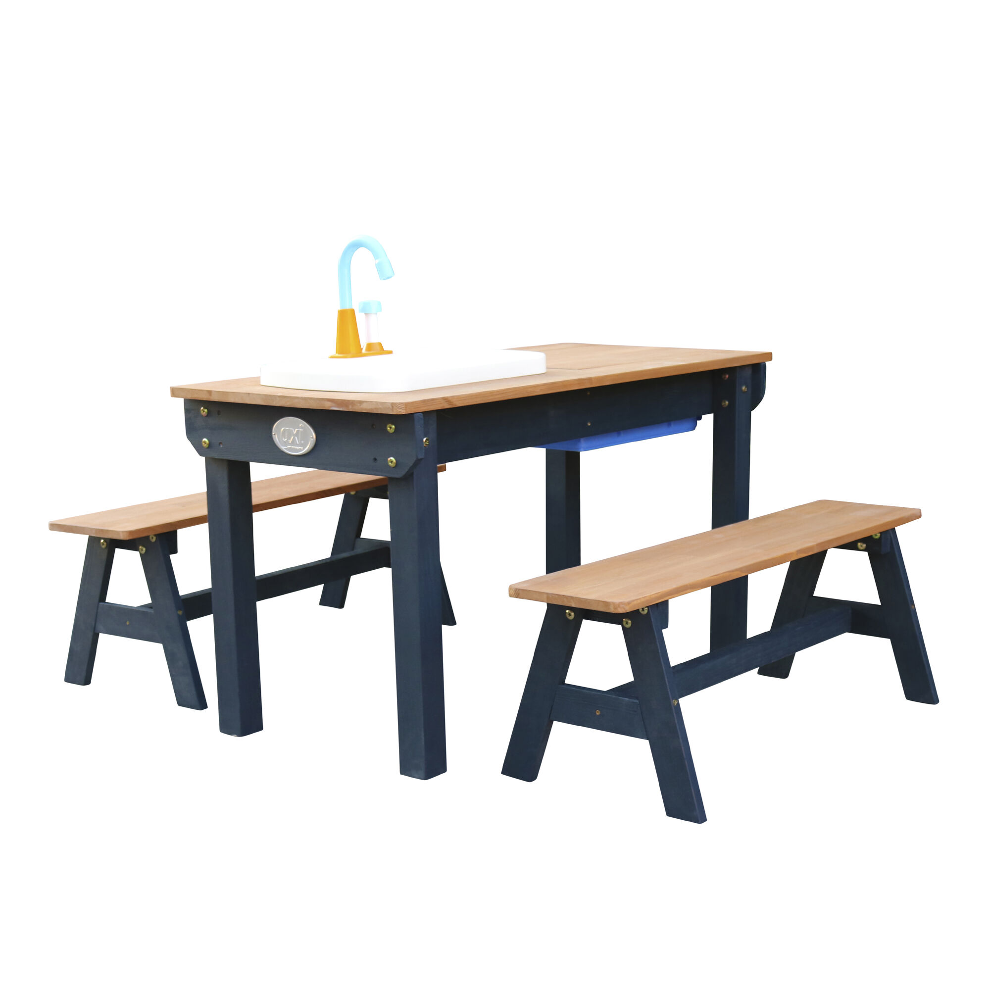 AXI Dennis Zand & Water Picknicktafel met Speelkeuken wastafel en losse bankjes Antraciet/bruin - Parasol Blauw/wit
