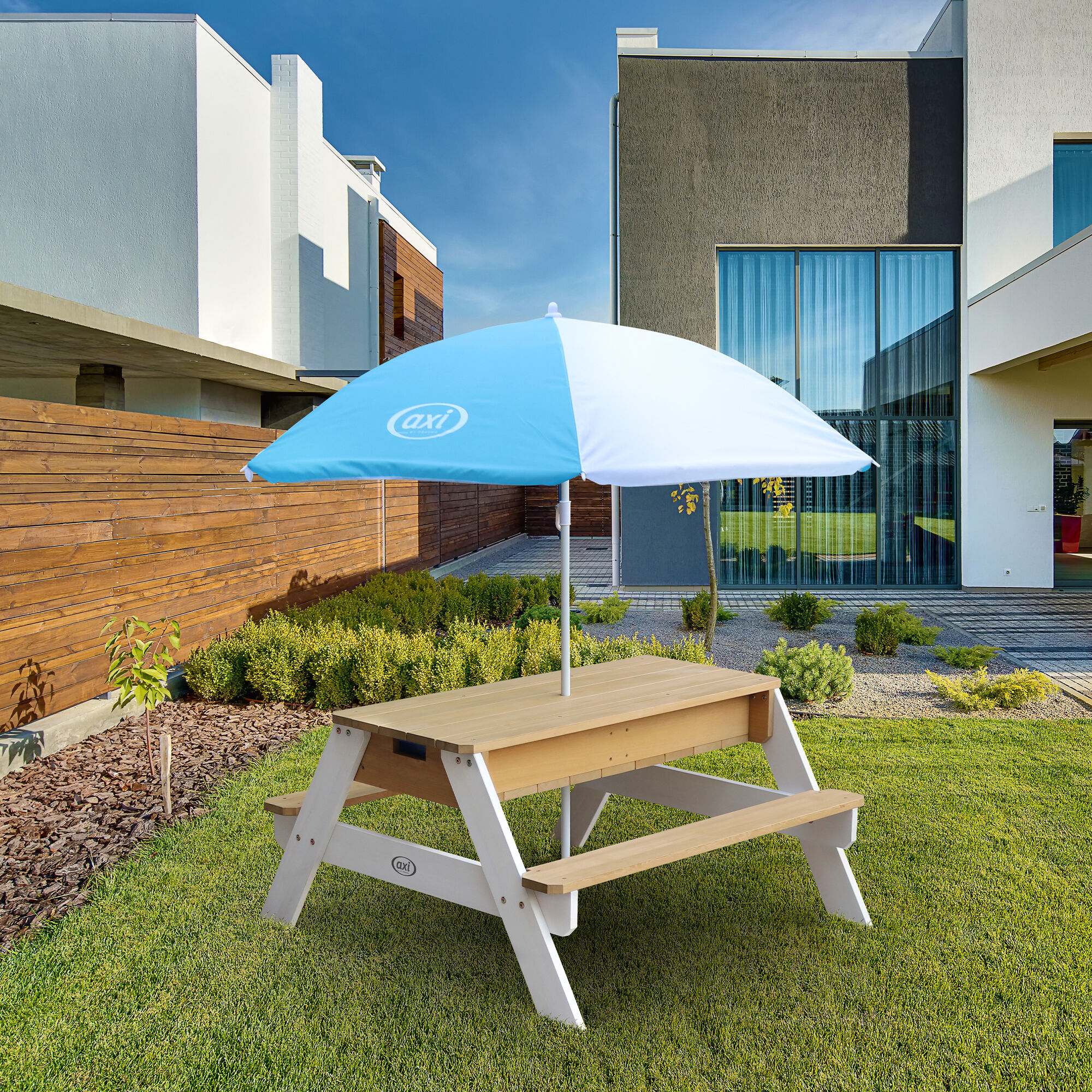 AXI Nick Zand & Water Picknicktafel Bruin/wit - Parasol Blauw/wit