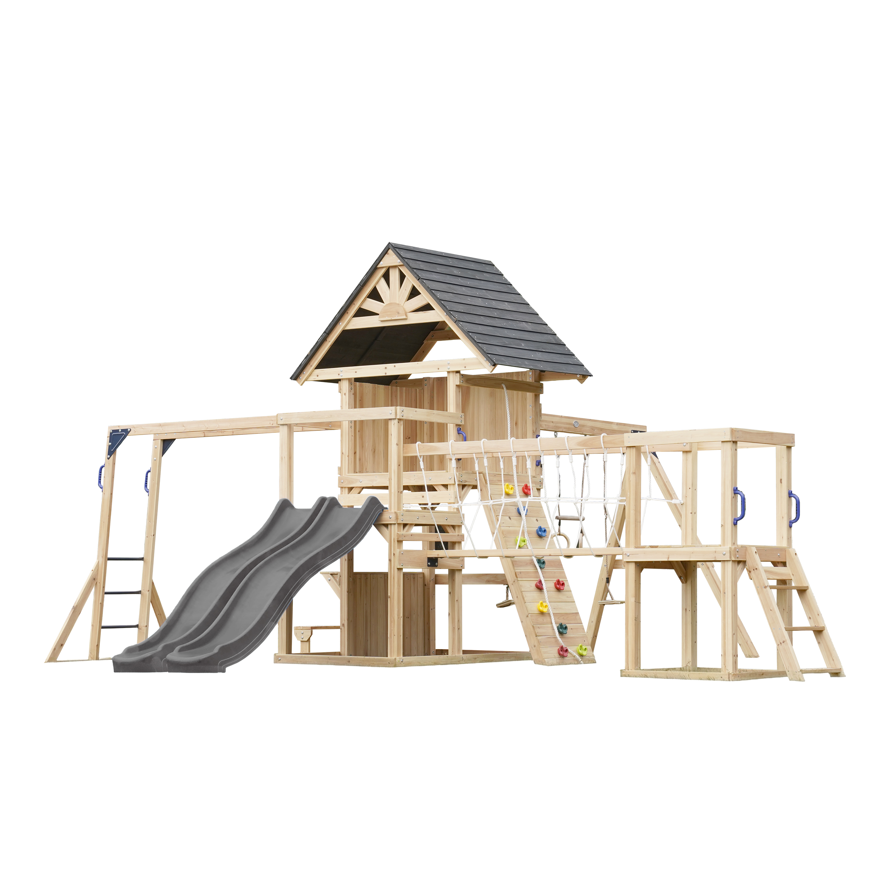 AXI Hunter Climbing Frame with Swings, Climbing Frame, Climbing Bridge and Multiple Platforms – Grey Double Slide