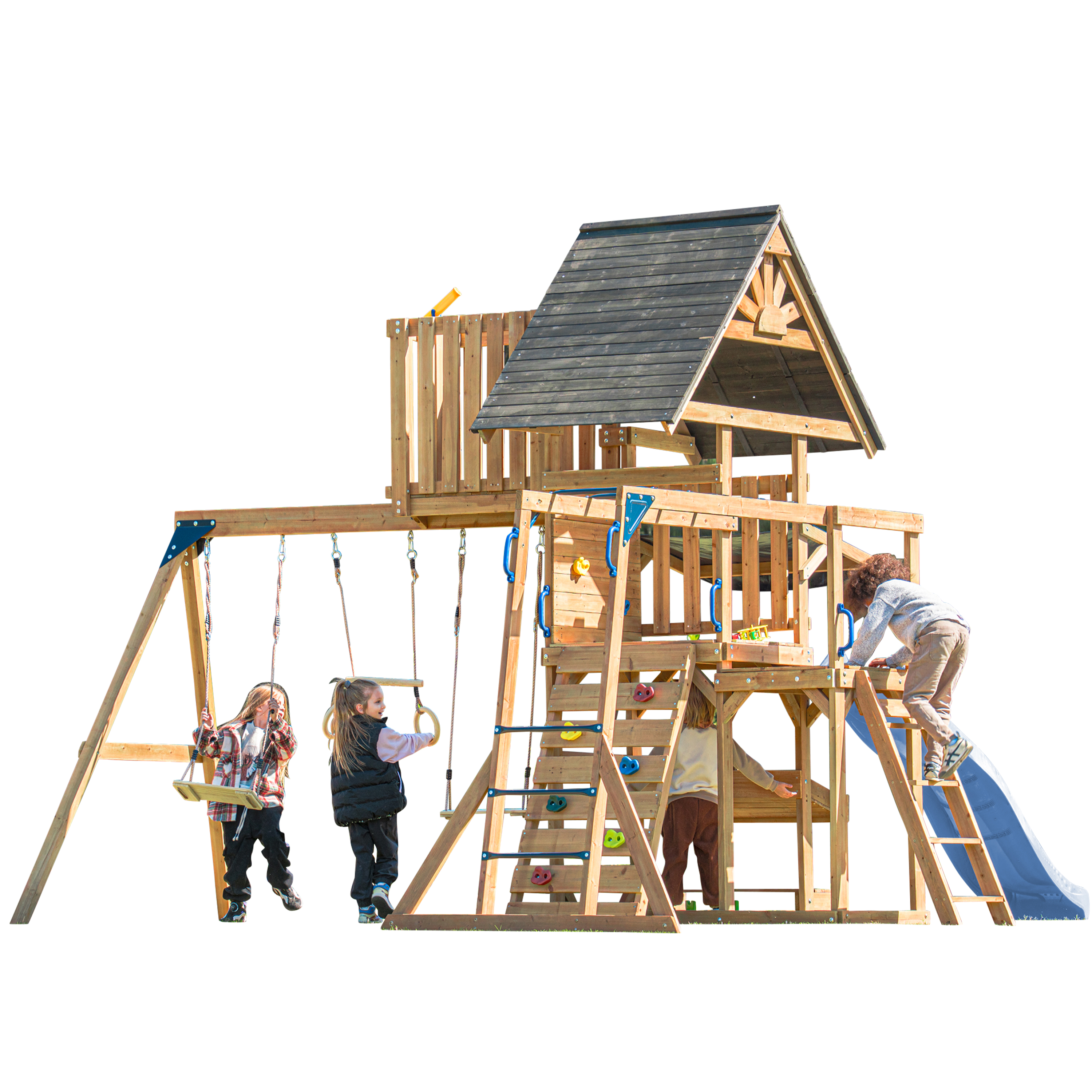 AXI Mitch Climbing Frame with Double Swing, Trapeze and Lookout Tower – Pastel Blue Slide