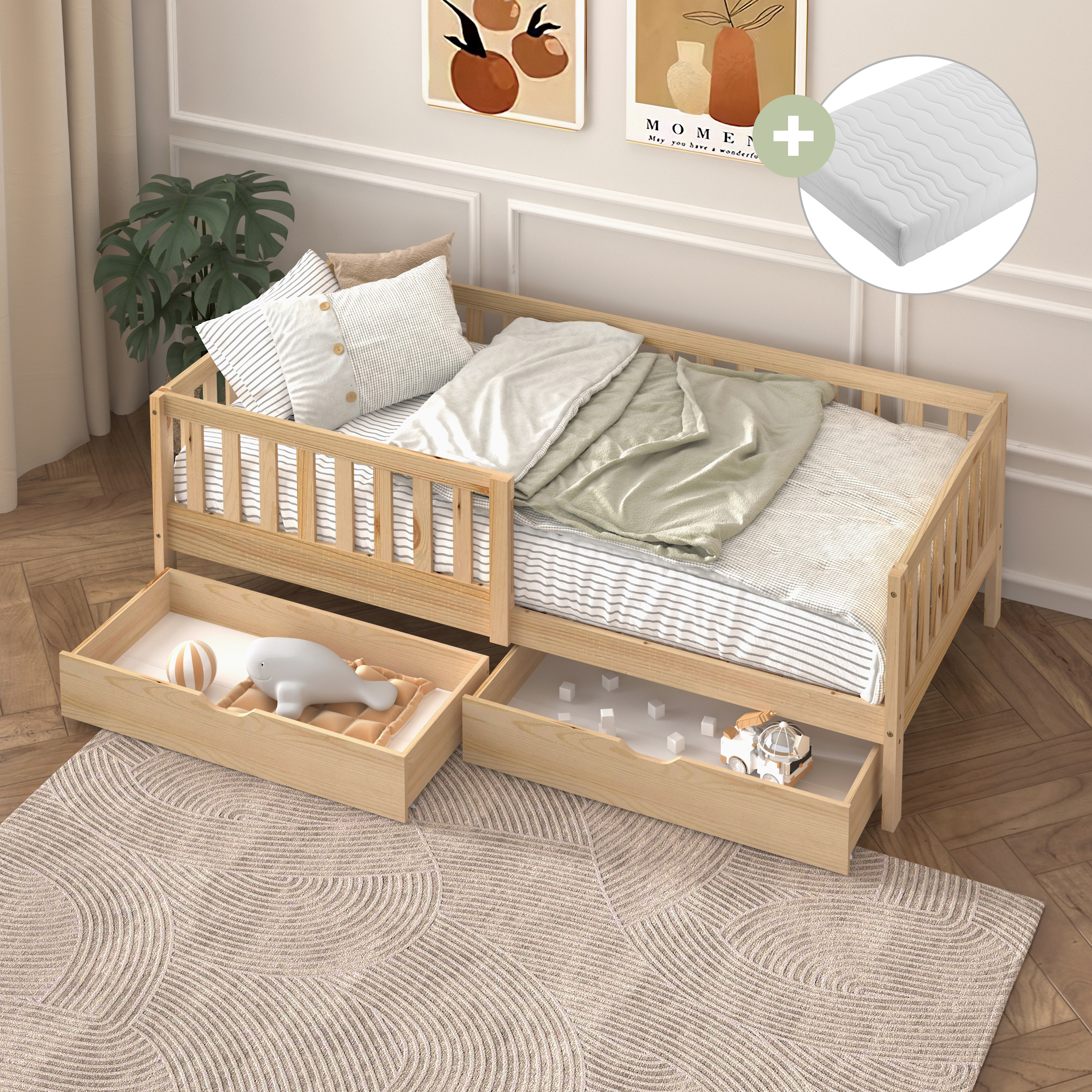 Sunny Isa Kids Bed with 2 Storage Drawers and Guardrail Natural – With Mattress
