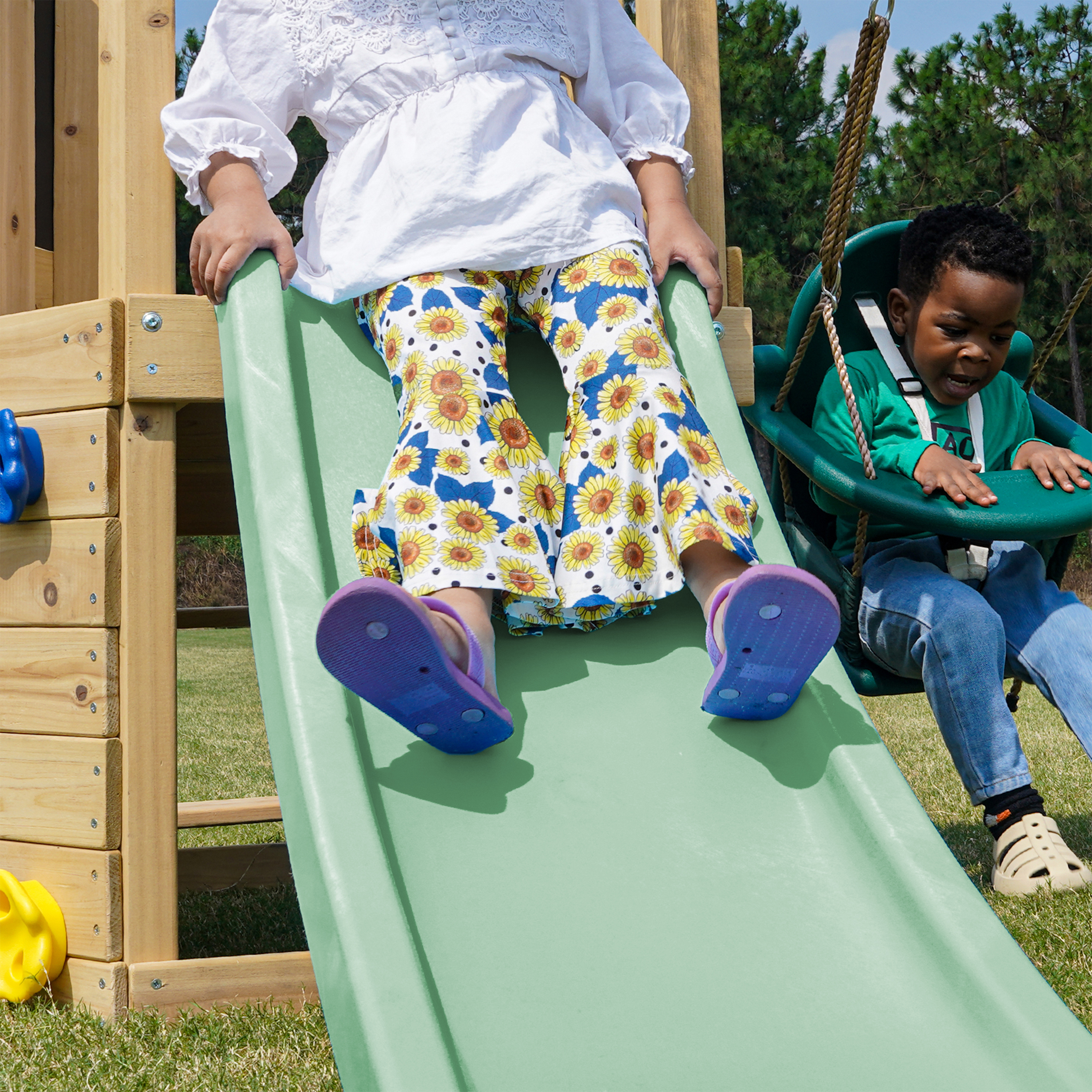 AXI Timo Mini Climbing Frame with Baby Swing. Climbing Wall and Chalkboard – Pastel Green Slide