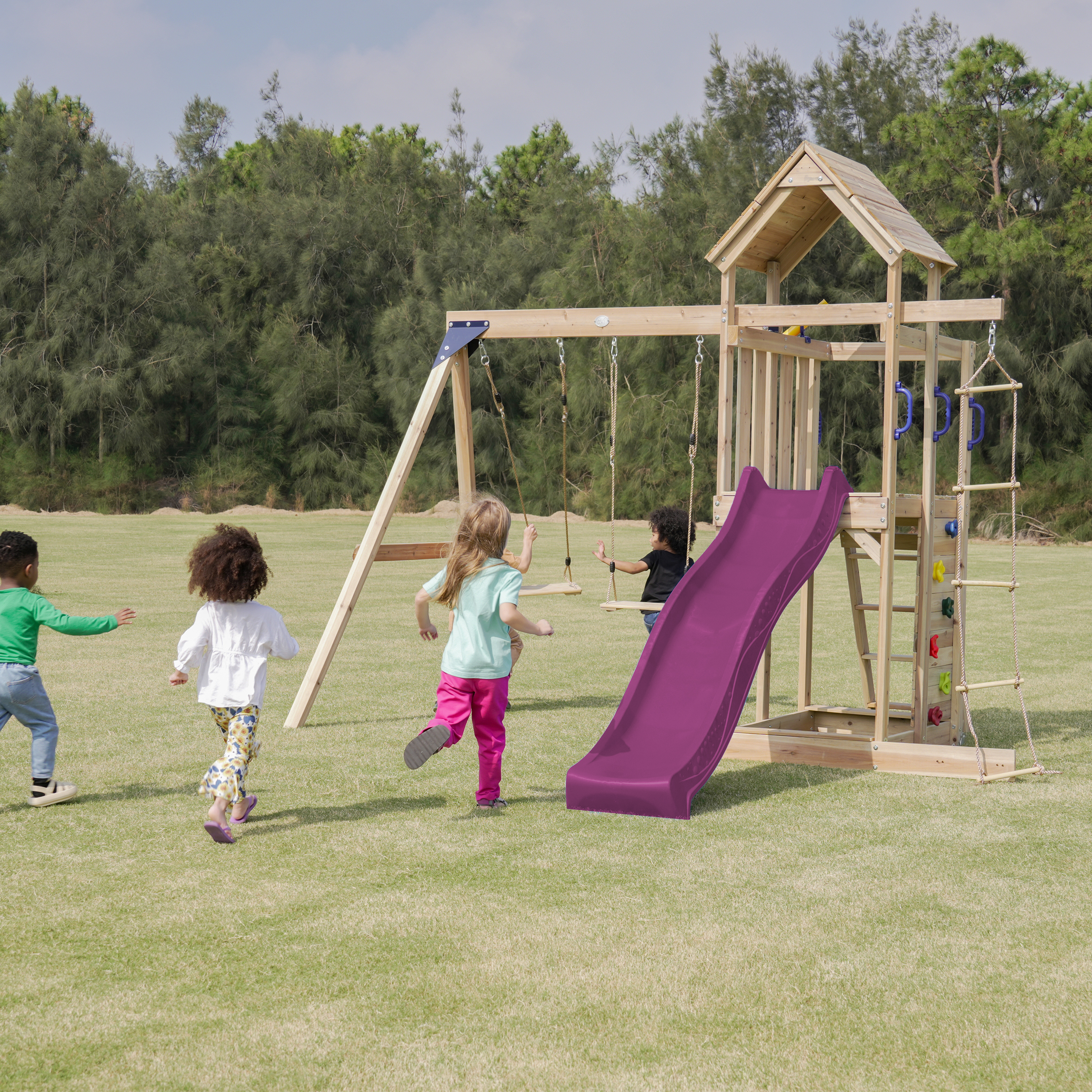 AXI Moos Climbing Frame with Double Swing Set - Purple Slide