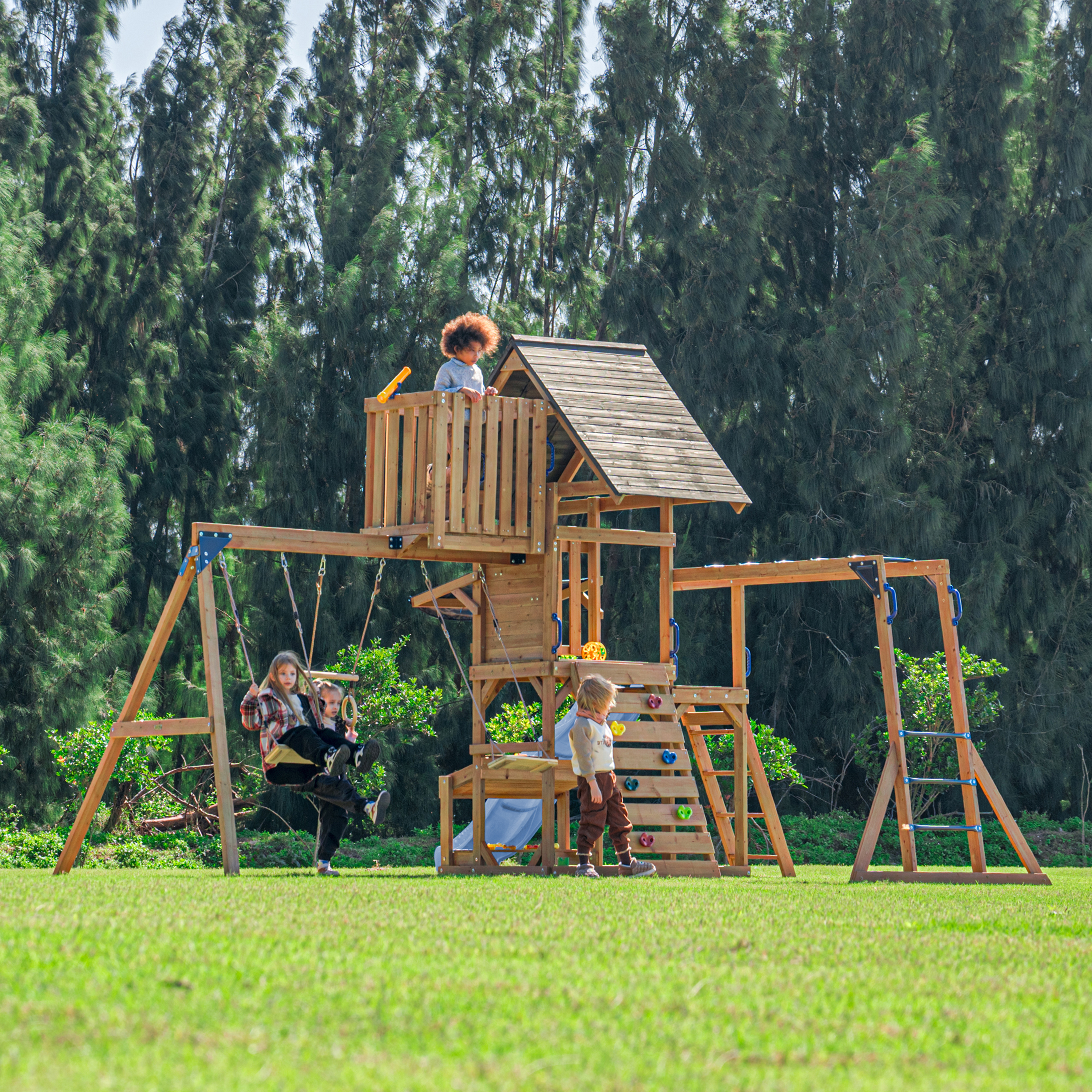 AXI Mitch Climbing Frame with Double Swing, Trapeze and Lookout Tower – Pastel Blue Slide