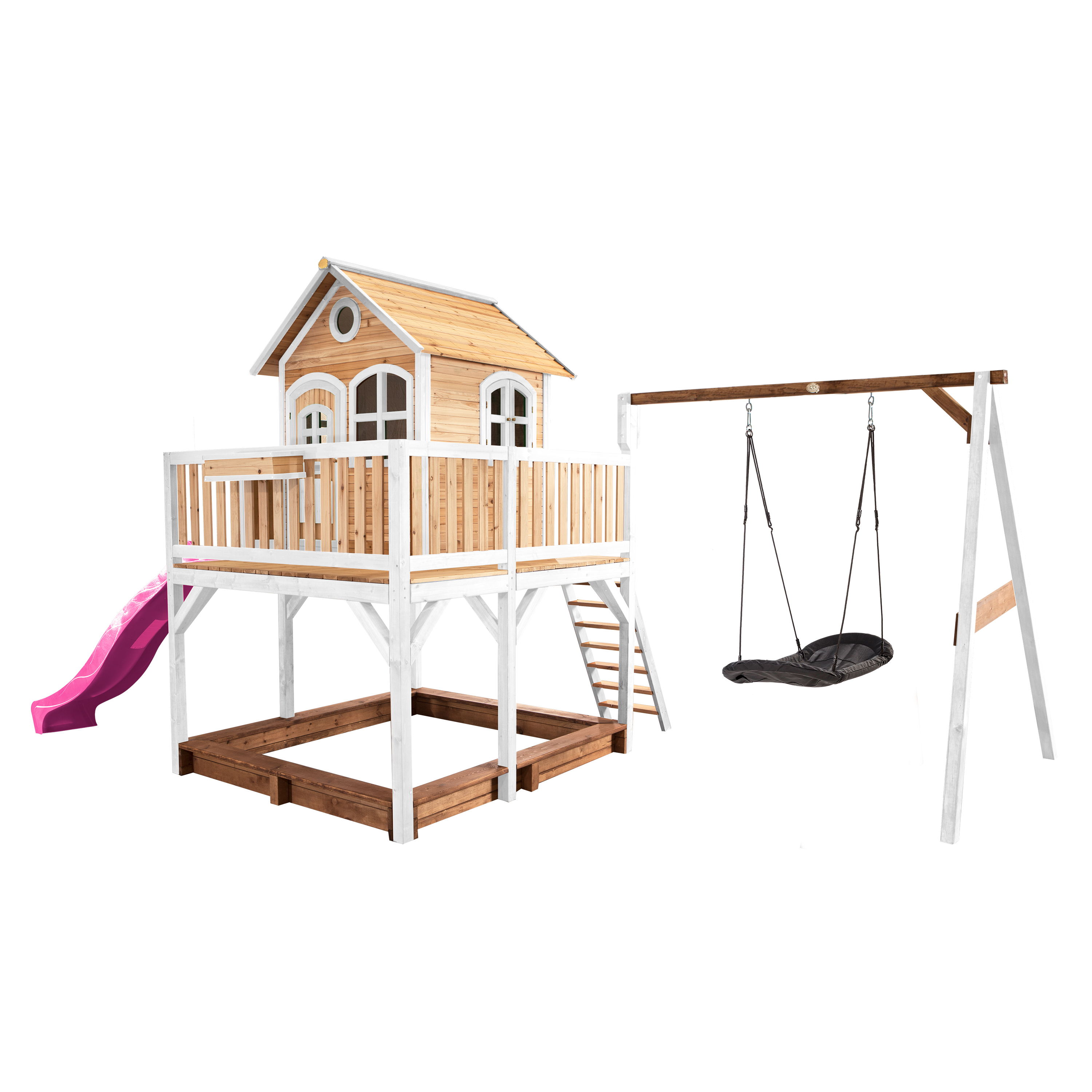 AXI Liam Playhouse with Roxy Nest Swing Set Brown/White - Purple Slide-8717973936466 AXI Liam Playhouse with Roxy Nest Swing Set Brown/White - Purple Slide
