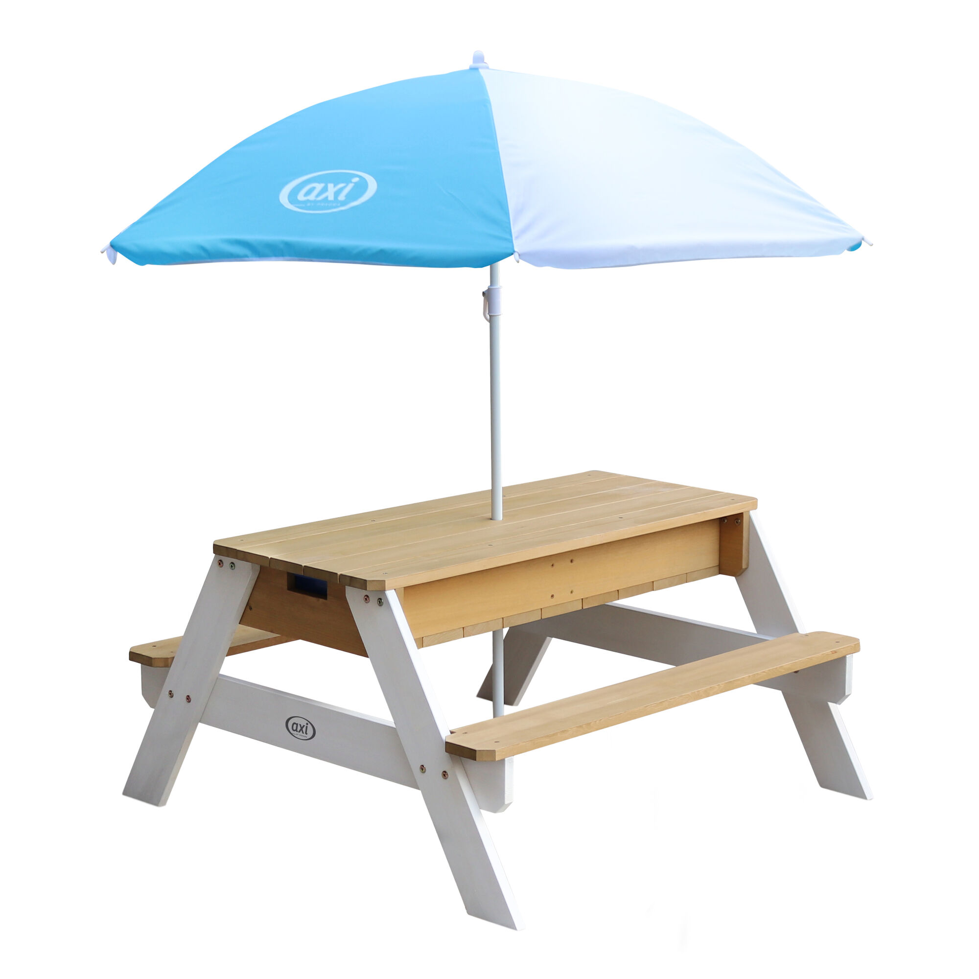 AXI Nick Zand & Water Picknicktafel Bruin/wit - Parasol Blauw/wit