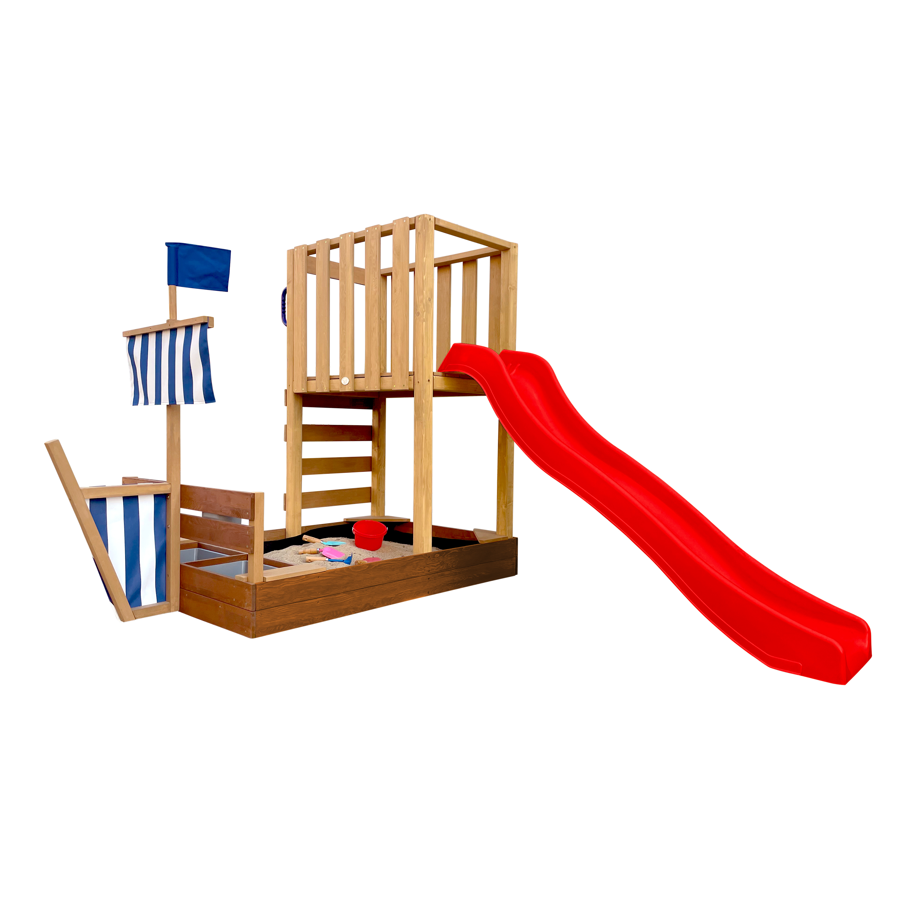 AXI Vicky Climbing Frame with Sandbox. Play Kitchen & Chalkboard – Red Slide