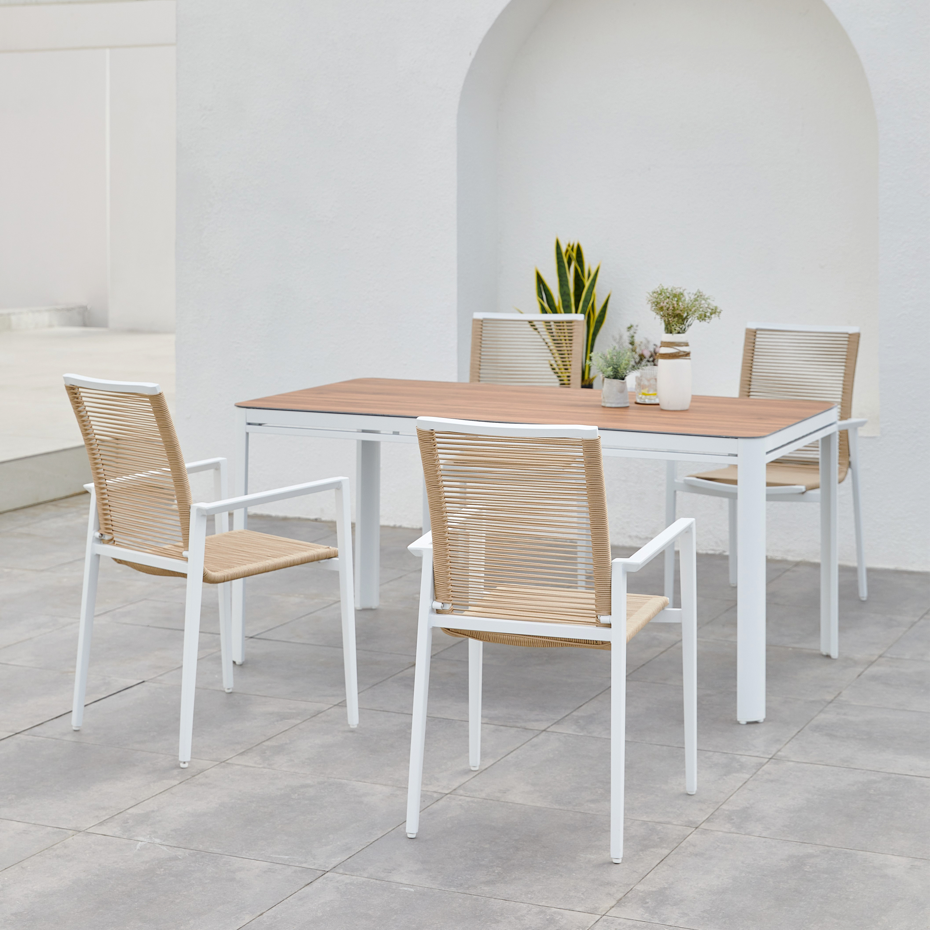 AXI Zora Garden Set with 4 Chairs White with Wood-Look PSPC-8720365062728 AXI Zora Garden Set with 4 Chairs White with Wood-Look PSPC