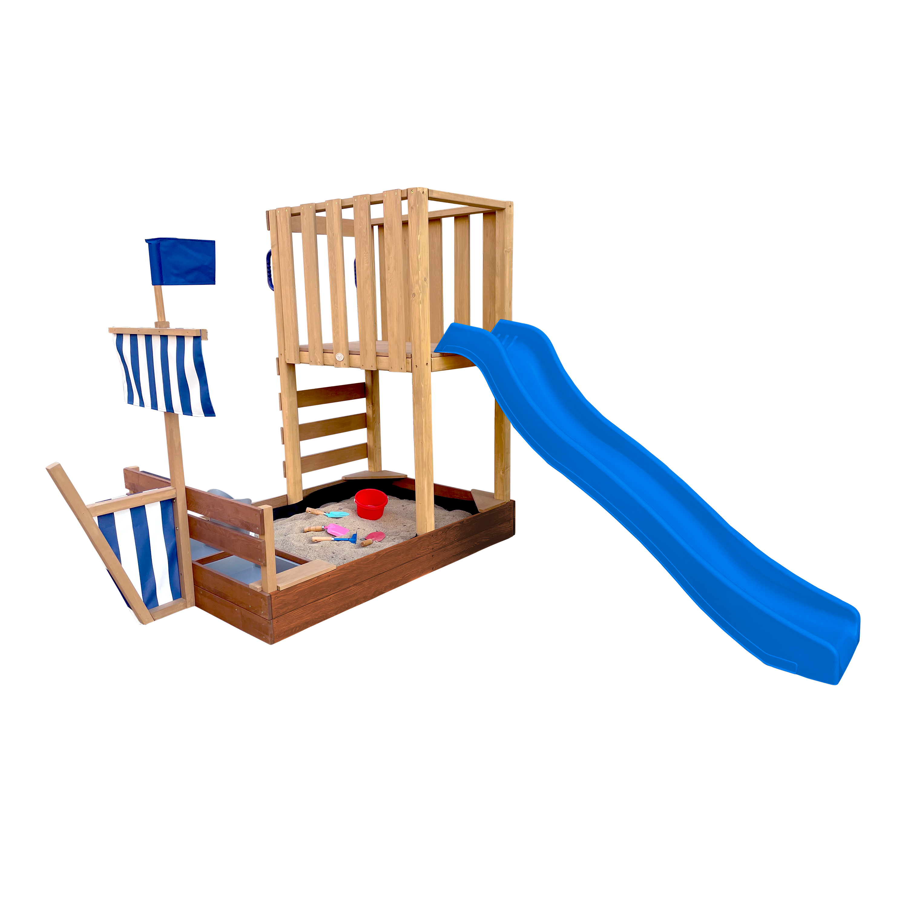 AXI Vicky Climbing Frame with Sandbox. Play Kitchen & Chalkboard – Blue Slide