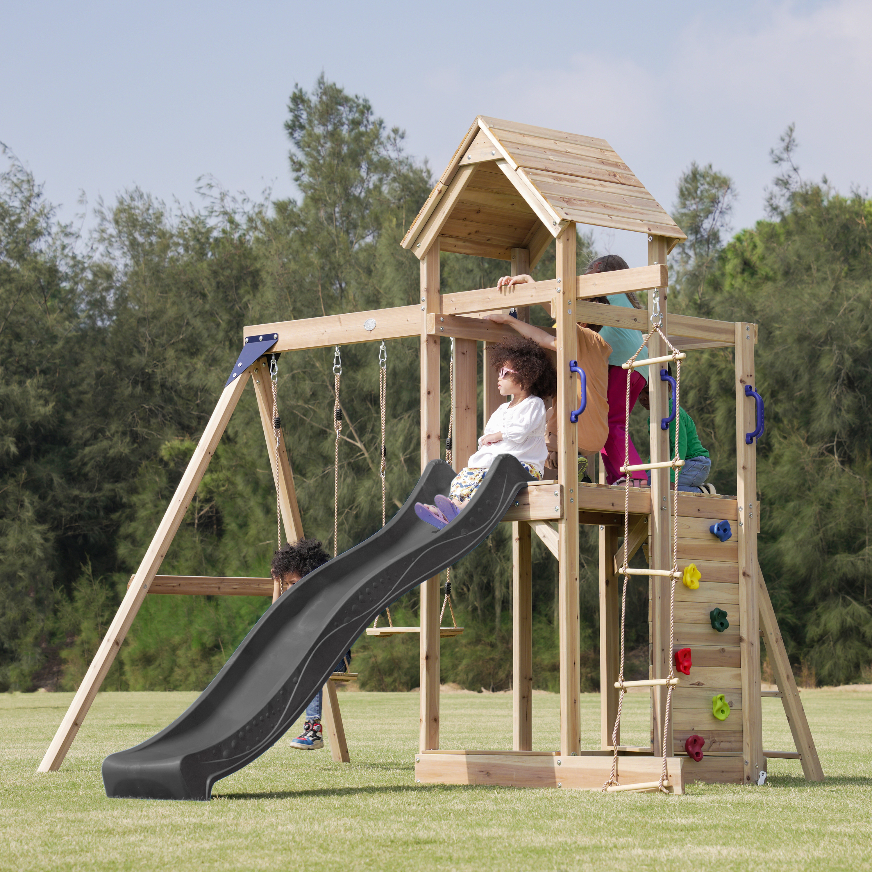 AXI Moos Climbing Frame with Double Swing Set - Grey Slide