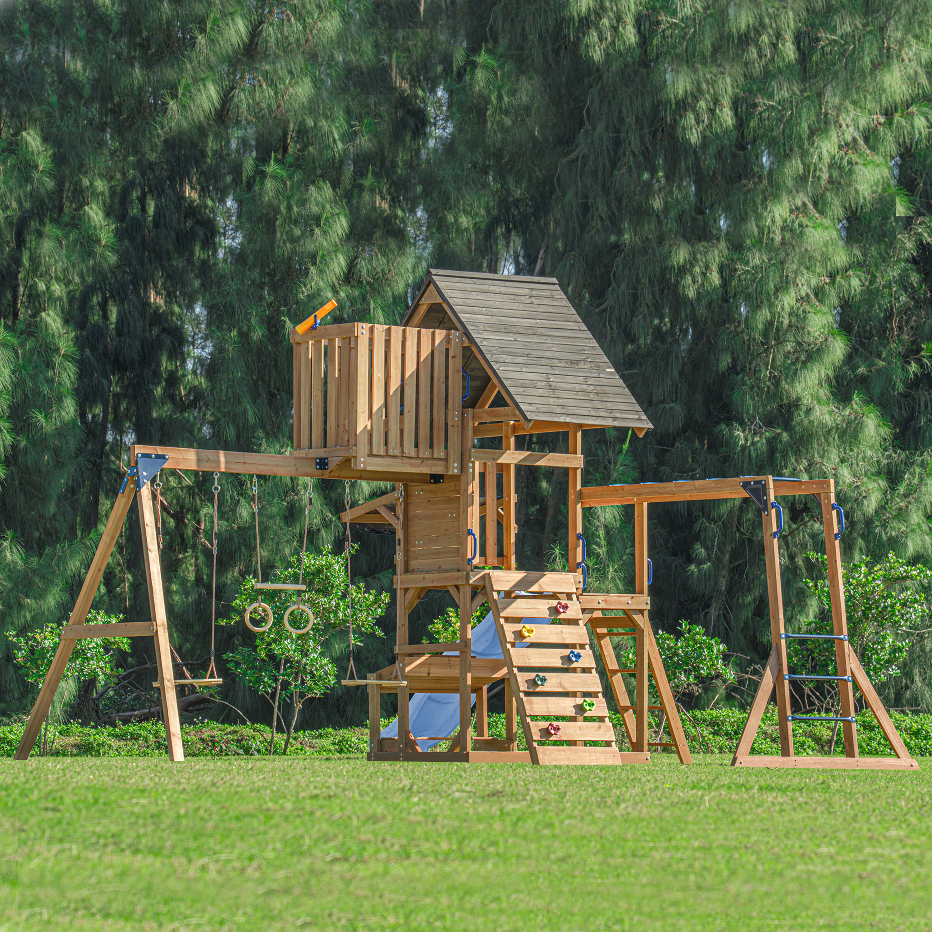 AXI Mitch Climbing Frame with Double Swing, Trapeze and Lookout Tower – Pastel Blue Slide