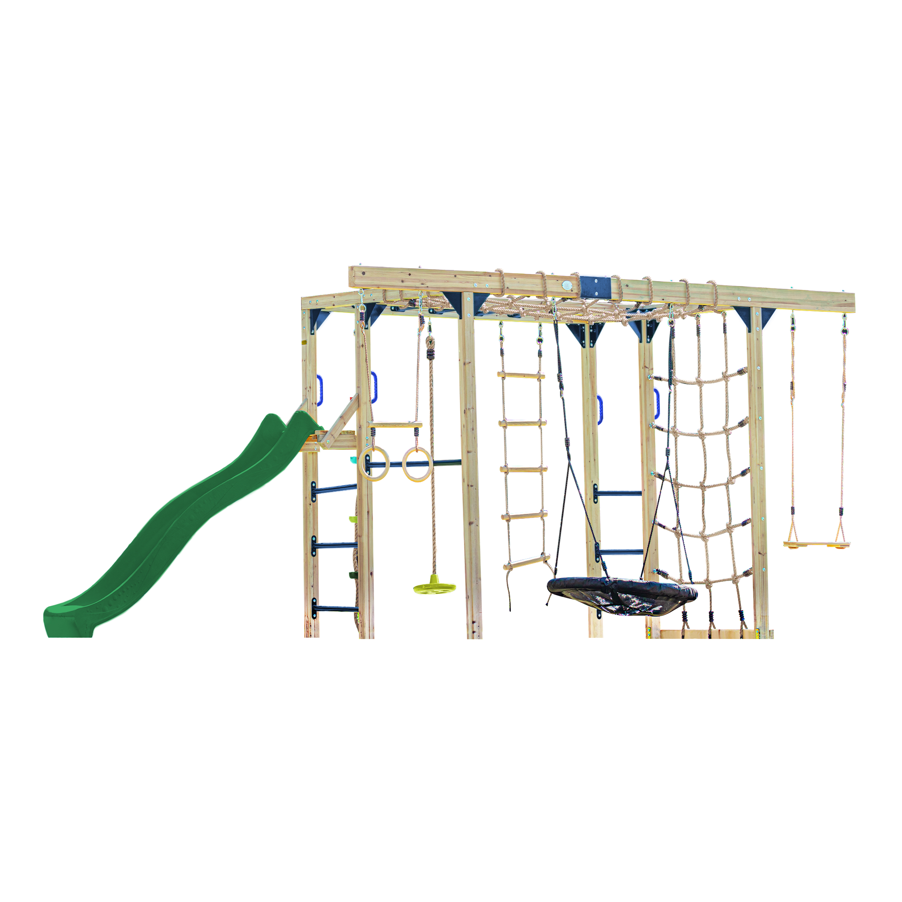 AXI Boris Wooden Playcentre with Swings. Trapeze. Climbing Nets and Monkey Bars – Green Slide-8720365066627 AXI Boris Wooden Playcentre with Swings. Trapeze. Climbing Nets and Monkey Bars – Green Slide