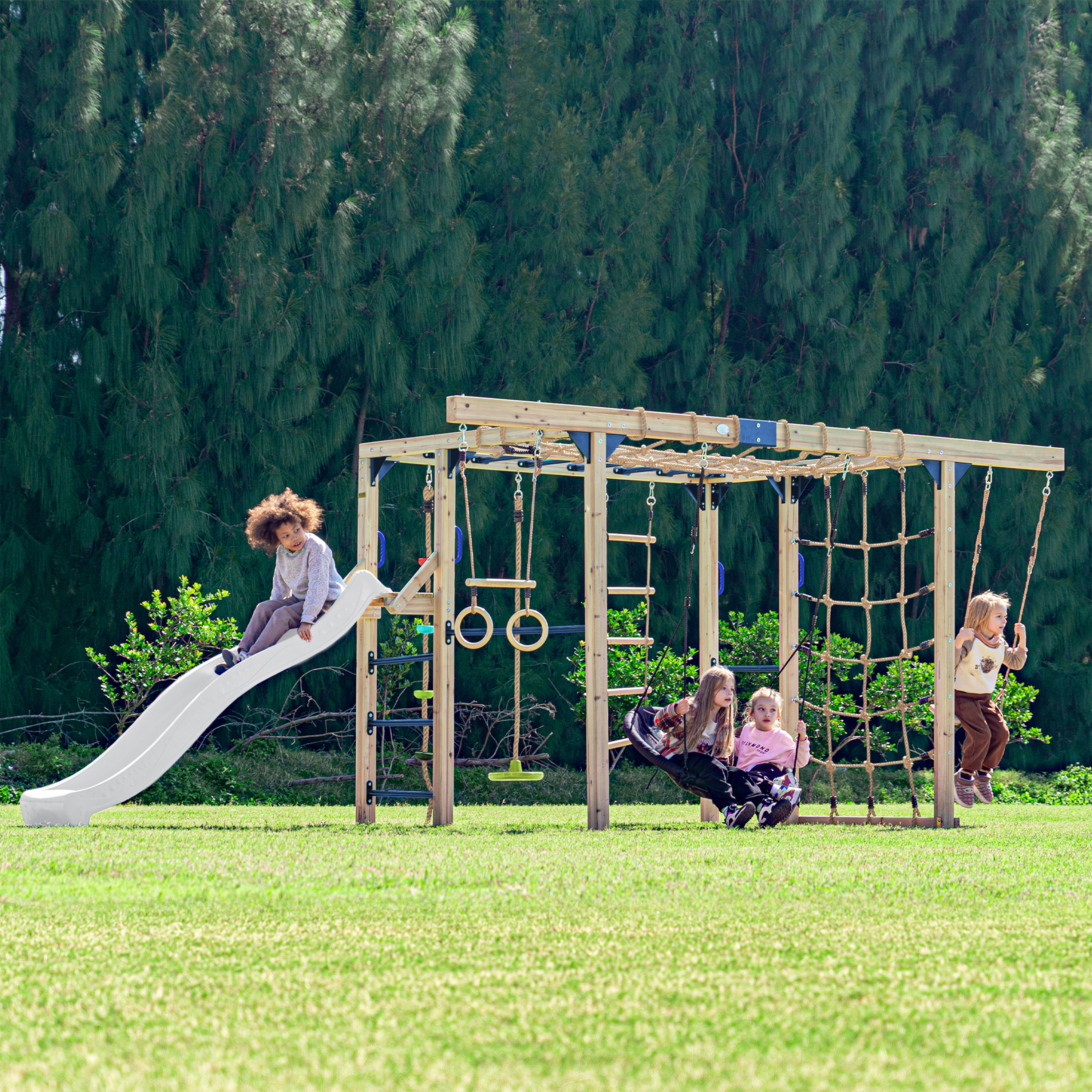 AXI Boris Wooden Playcentre with Swings, Trapeze, Climbing Nets and Monkey Bars – White Slide