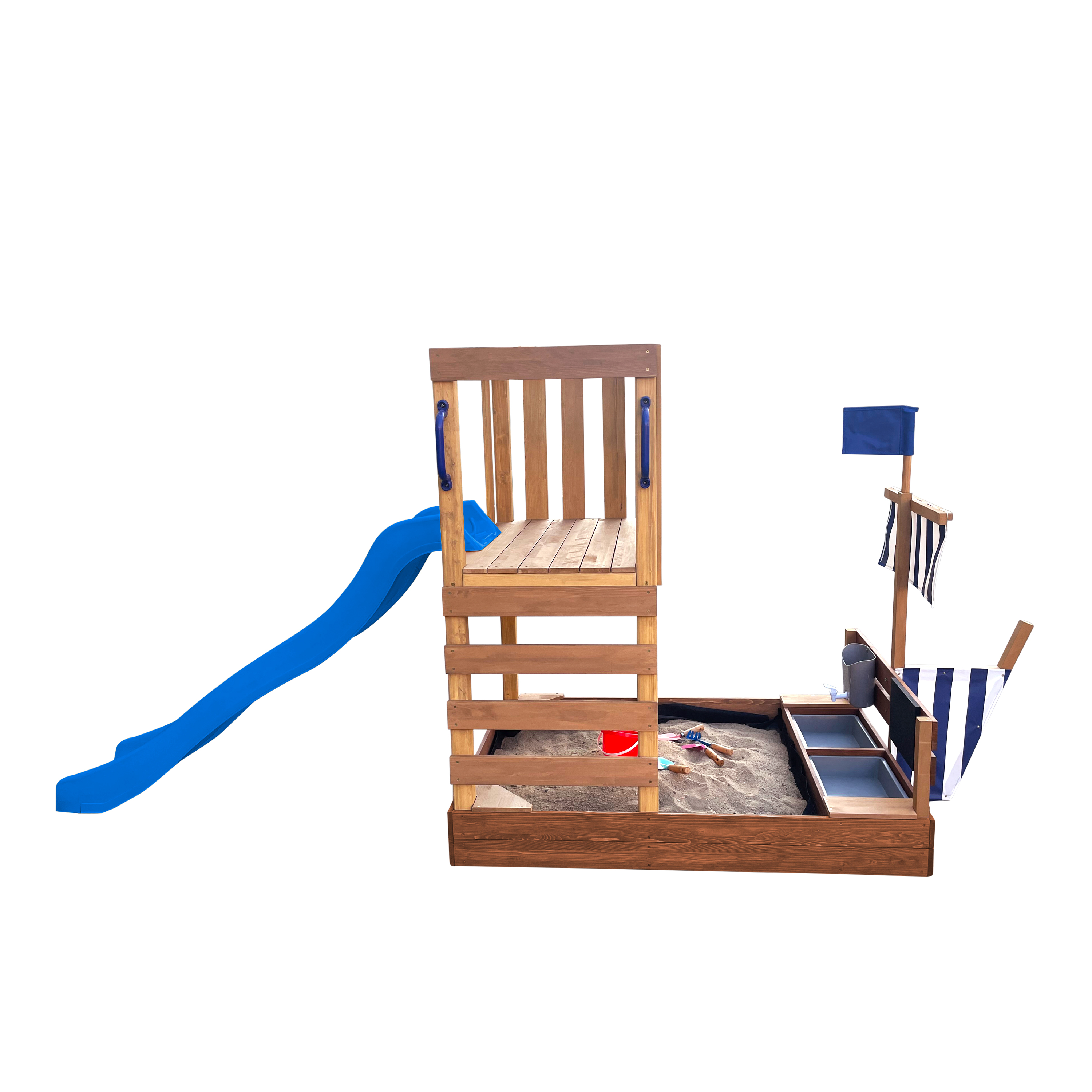 AXI Vicky Climbing Frame with Sandbox. Play Kitchen & Chalkboard – Blue Slide