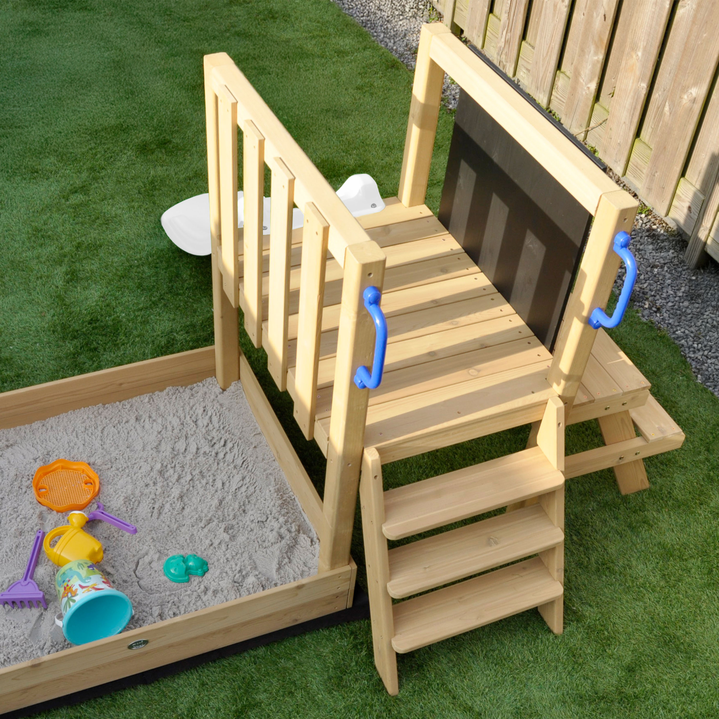 AXI Leah Mini Wooden Playtower with Sandbox, Picnic Table & Chalkboard – White Slide