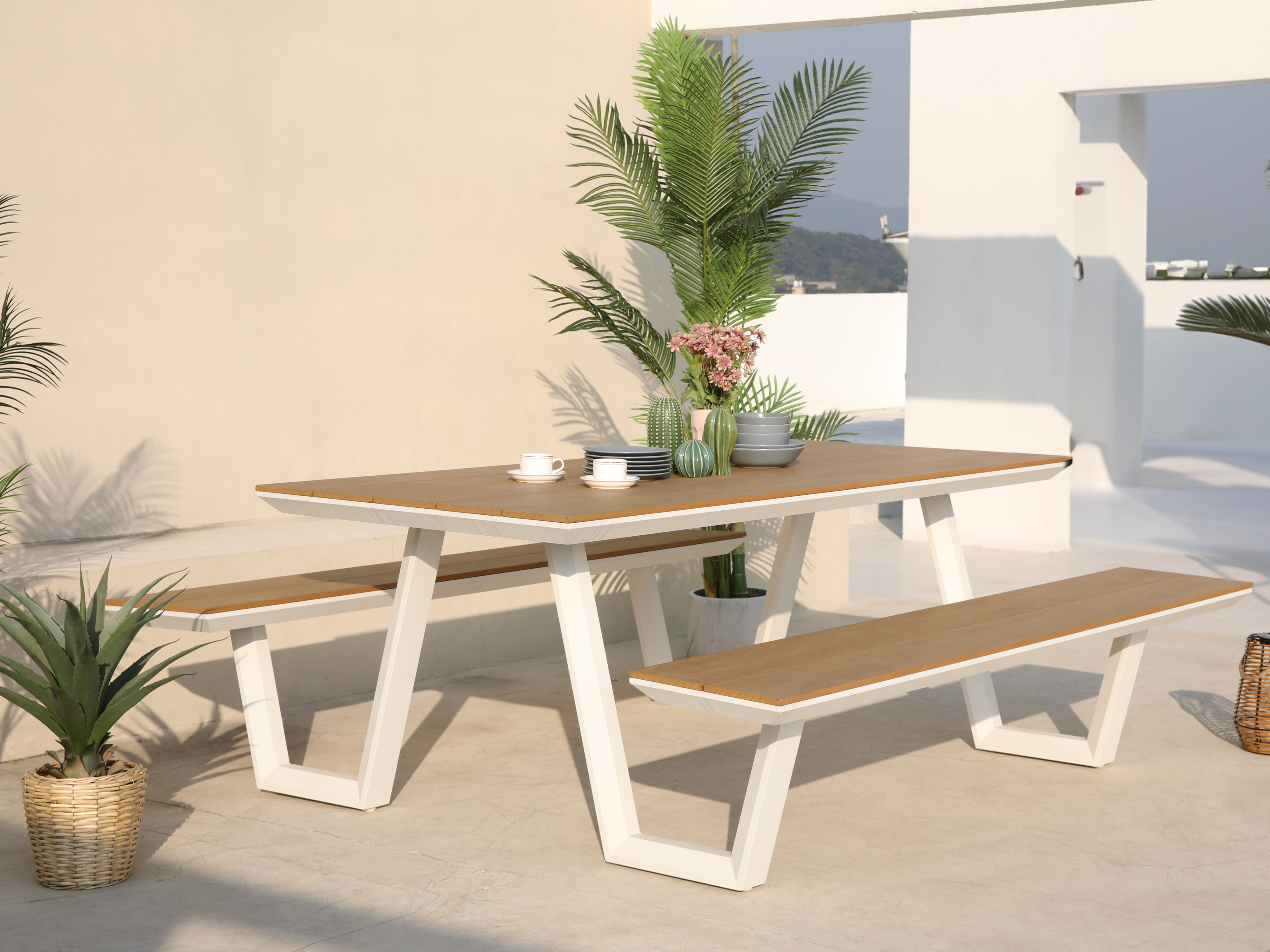 AXI Nori Picnic Table with 2 Benches White with Teak-look Polywood