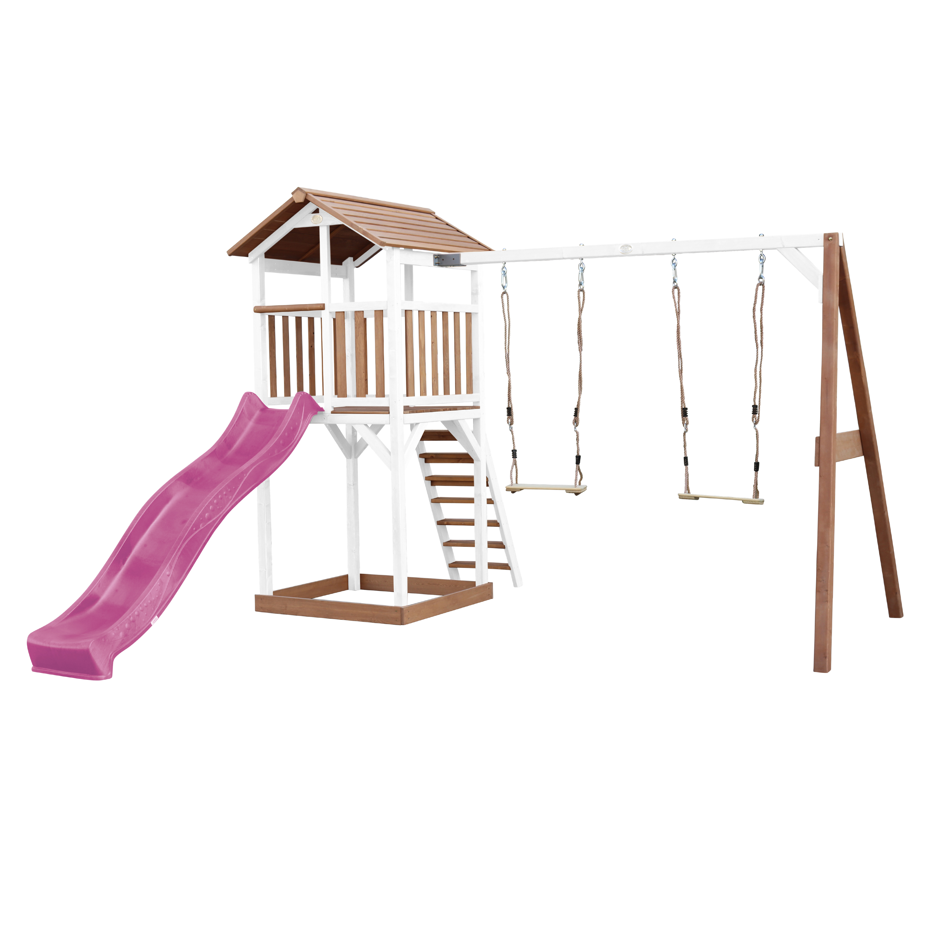 AXI Beach Tower with Double Swing Set Brown/White - Purple Slide-8720365061776 AXI Beach Tower with Double Swing Set Brown/White - Purple Slide