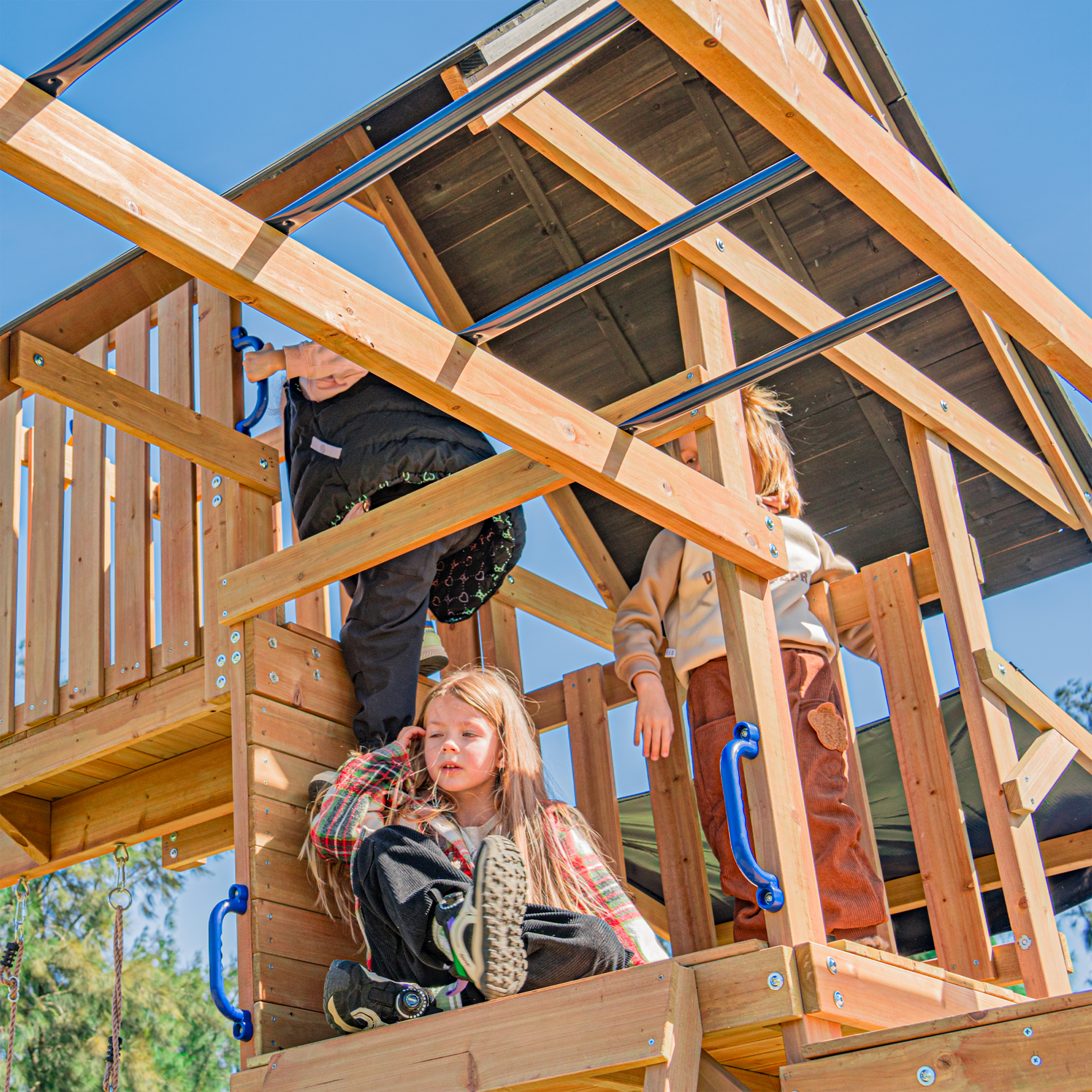 AXI Mitch Climbing Frame with Double Swing, Trapeze and Lookout Tower – Blue Slide