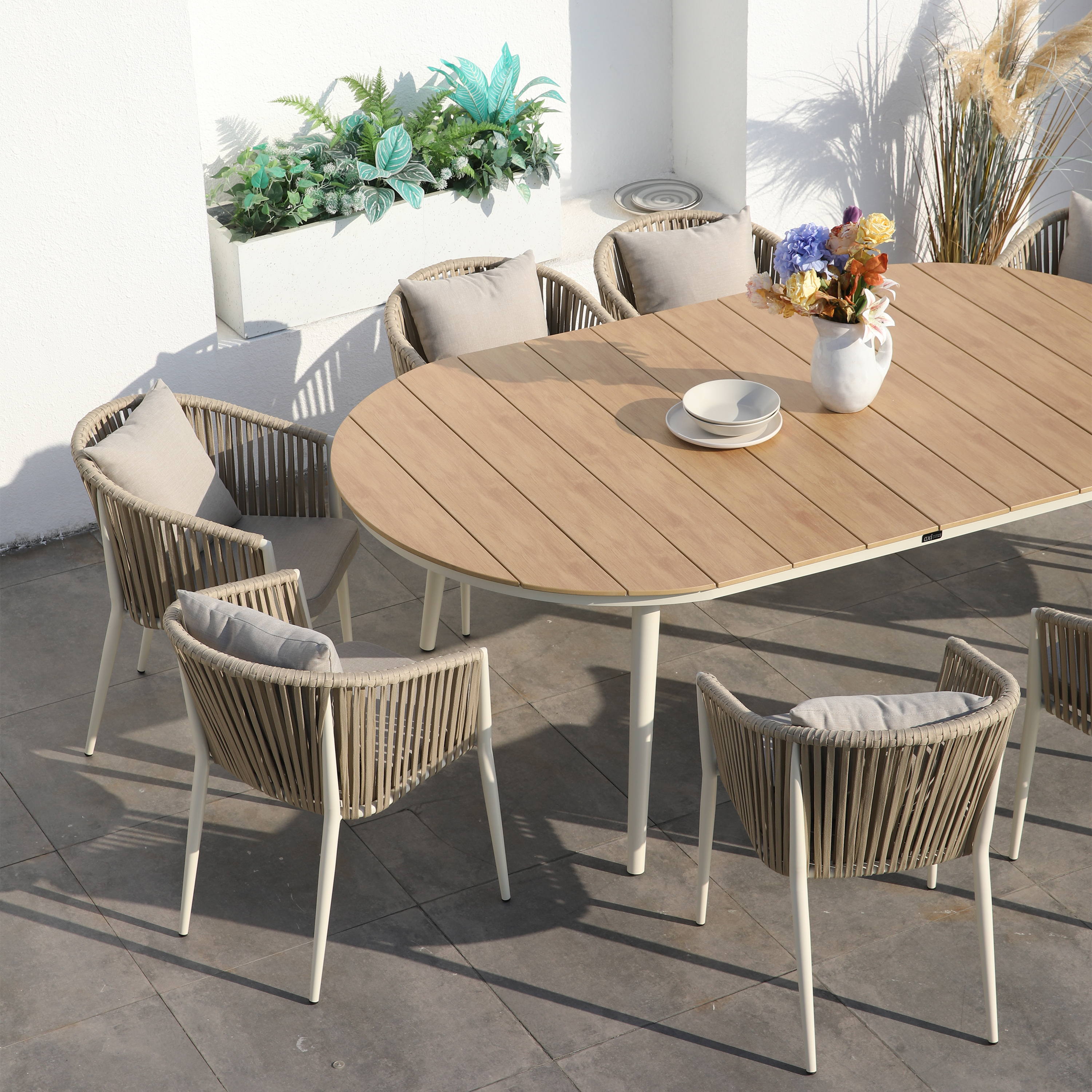 AXI Chay Garden Set with 8 Chairs – Beige with Polywood in Wood Effect-8720365066283 AXI Chay Garden Set with 8 Chairs – Beige with Polywood in Wood Effect