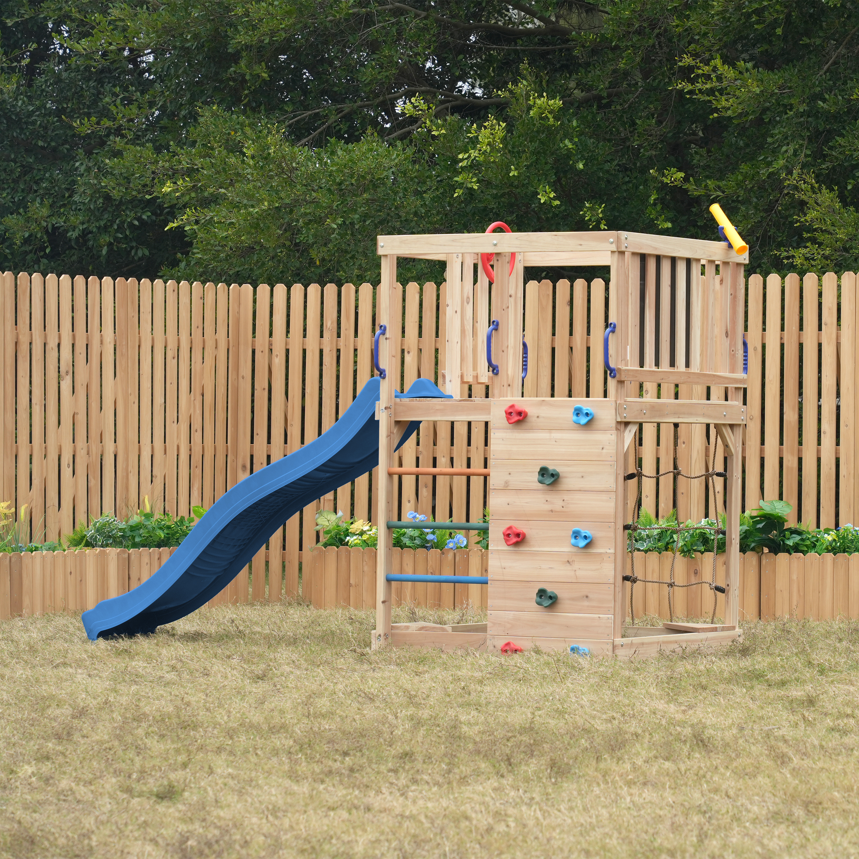 AXI Sam Climbing Frame with Climbing Wall. Climbing Net and Monkey Bars – Blue Slide