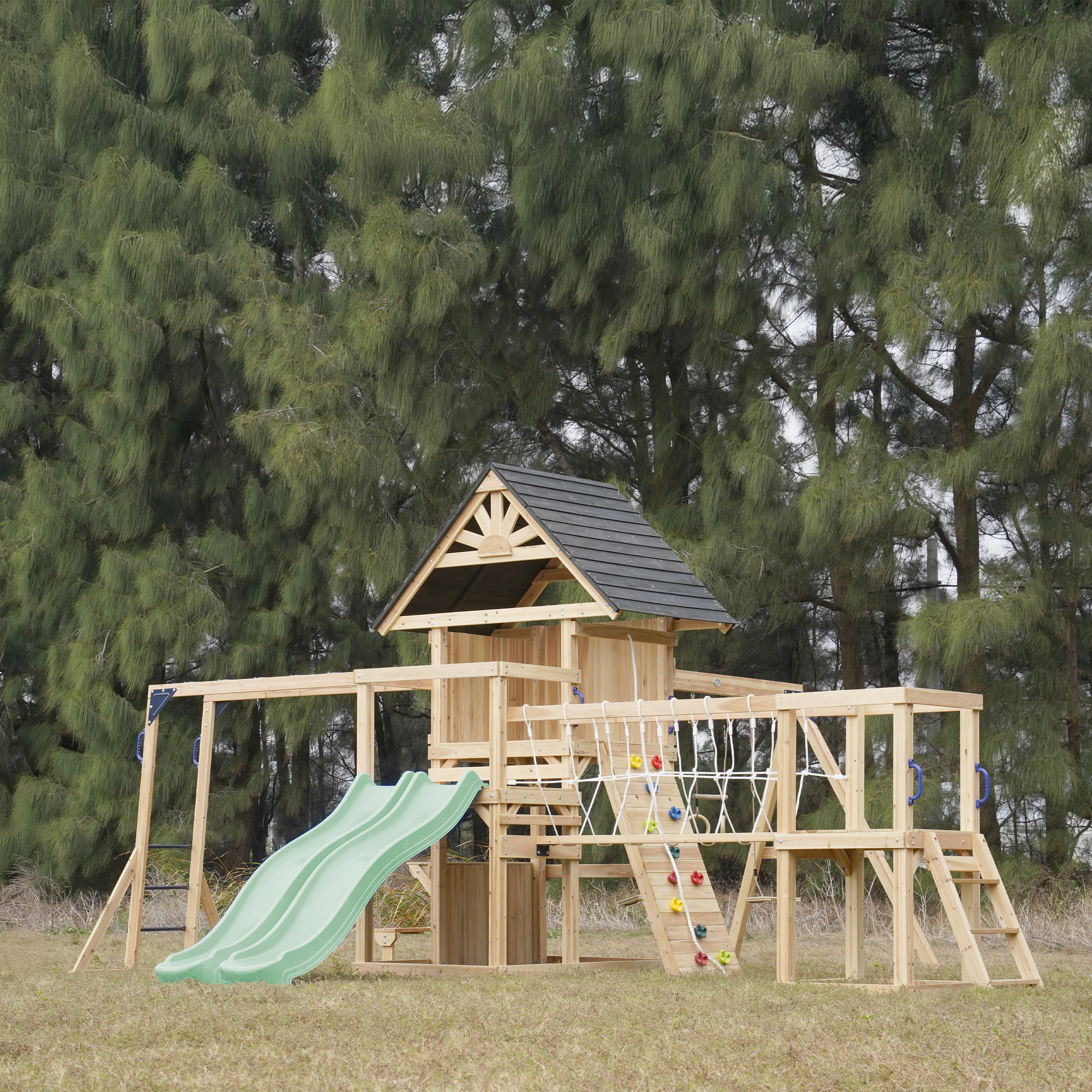 AXI Hunter Climbing Frame with Swings, Climbing Frame, Climbing Bridge and Multiple Platforms – Pastel Green Double Slide