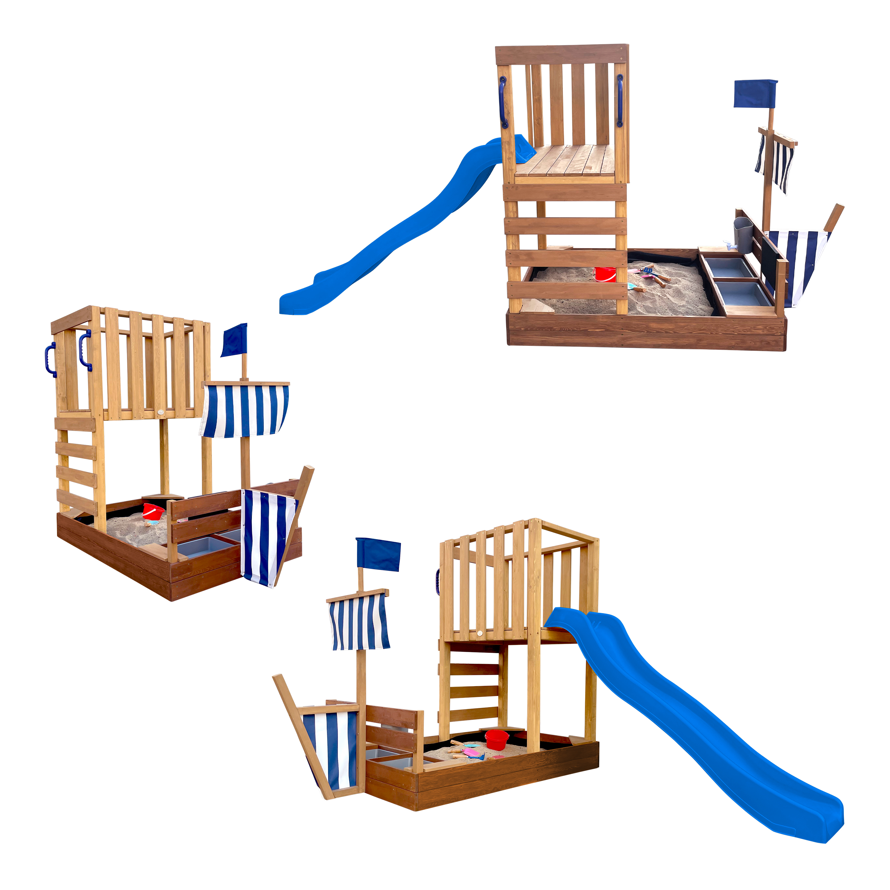 AXI Vicky Climbing Frame with Sandbox. Play Kitchen & Chalkboard – Blue Slide