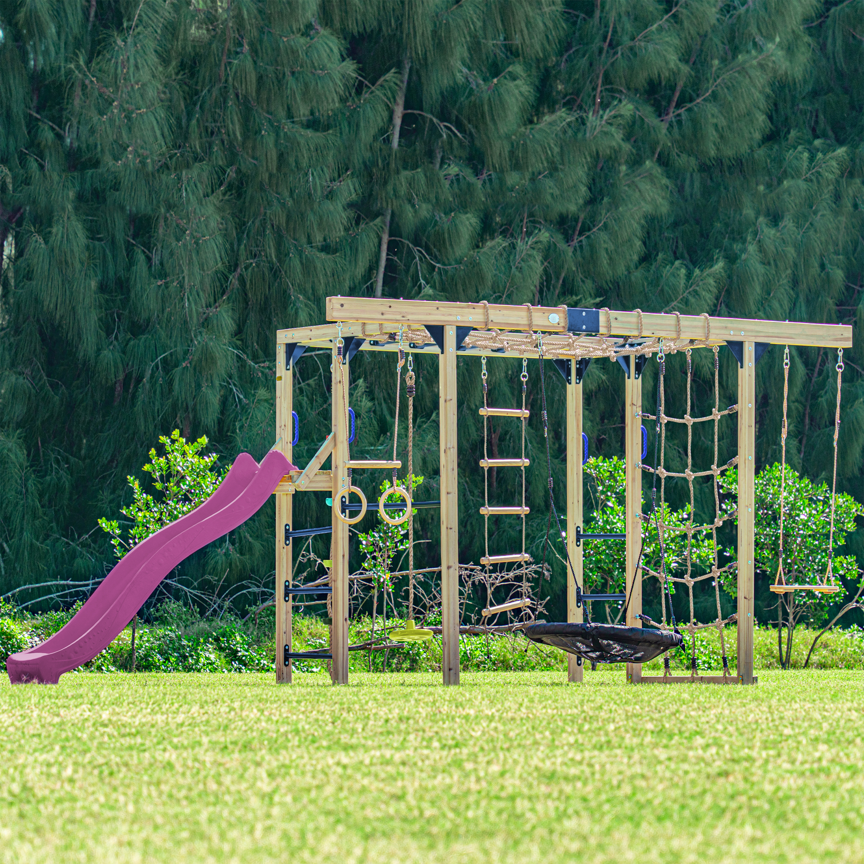 AXI Boris Wooden Playcentre with Swings. Trapeze. Climbing Nets and Monkey Bars – Purple Slide