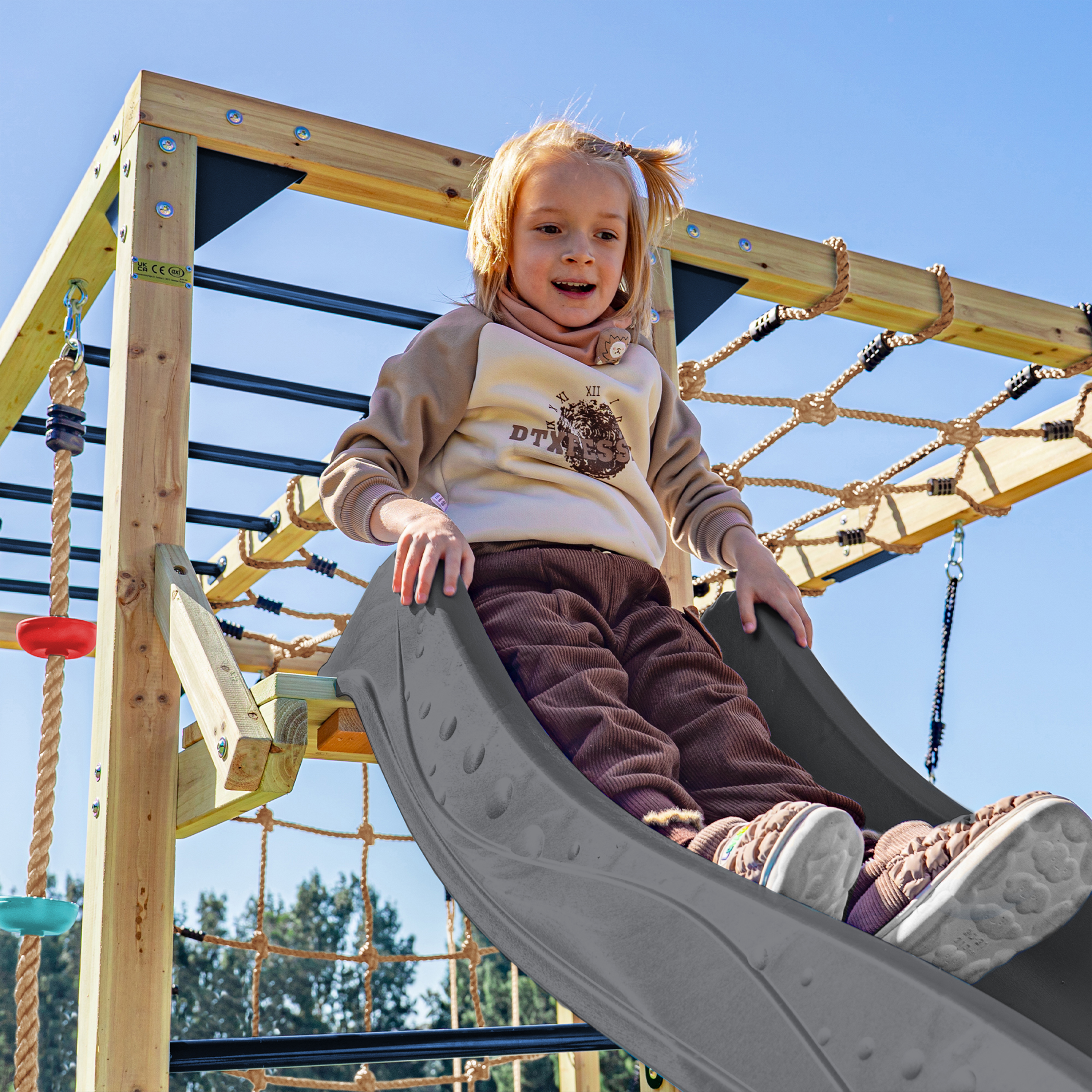 AXI Boris Wooden Playcentre with Swings, Trapeze, Climbing Nets and Monkey Bars – Grey Slide-8720365066672 AXI Boris Wooden Playcentre with Swings, Trapeze, Climbing Nets and Monkey Bars – Grey Slide