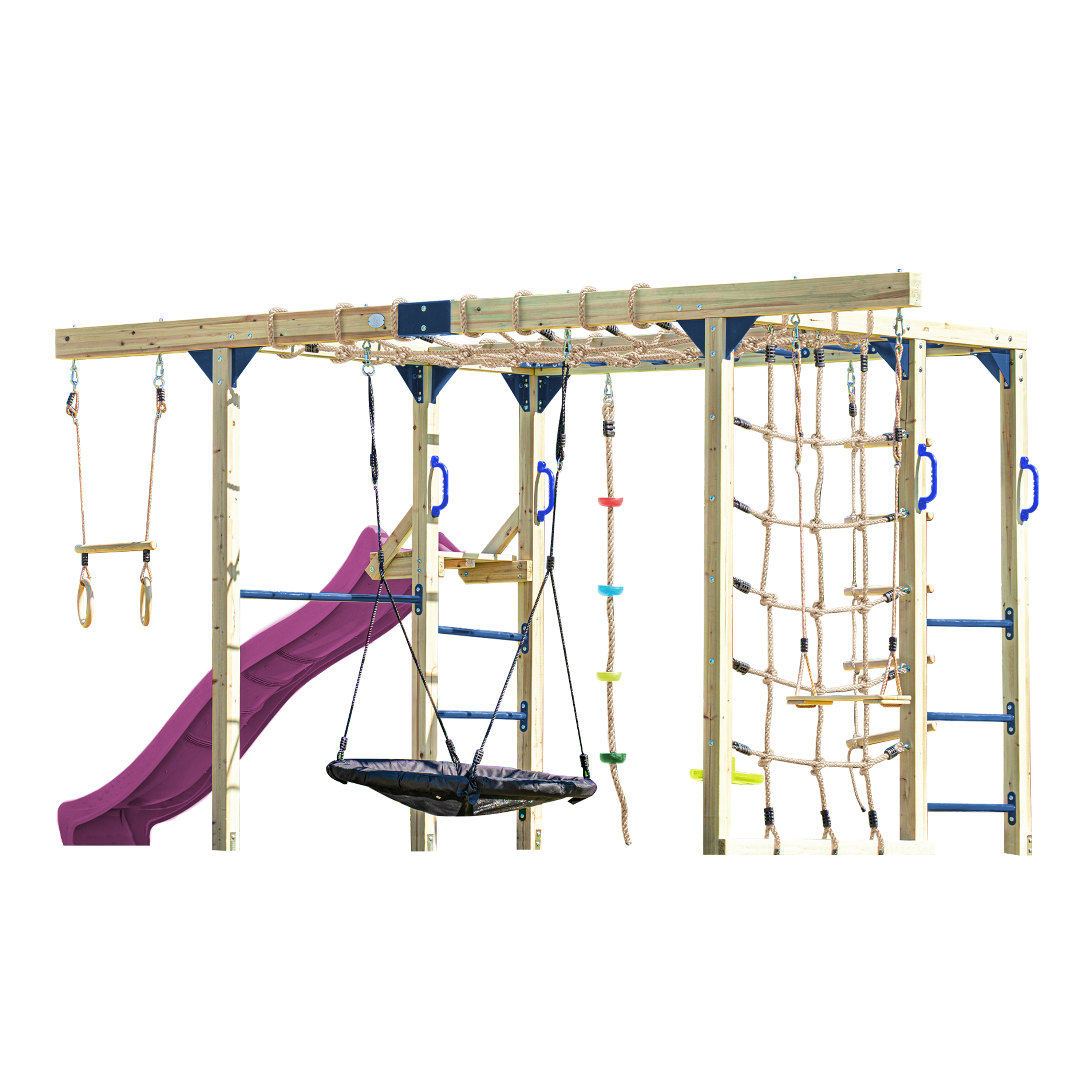 AXI Boris Wooden Playcentre with Swings. Trapeze. Climbing Nets and Monkey Bars – Purple Slide