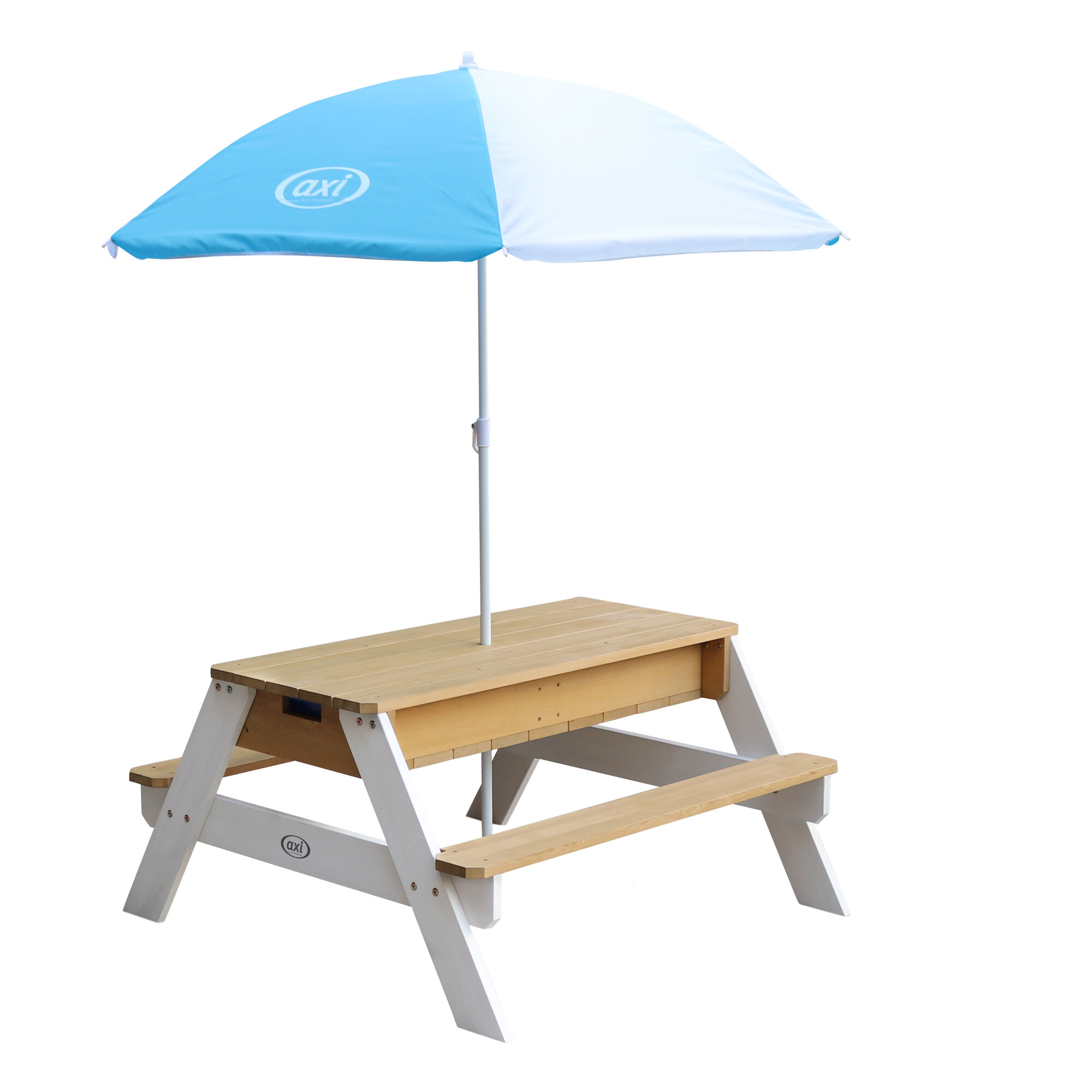 AXI Nick Zand & Water Picknicktafel Bruin/wit - Parasol Blauw/wit