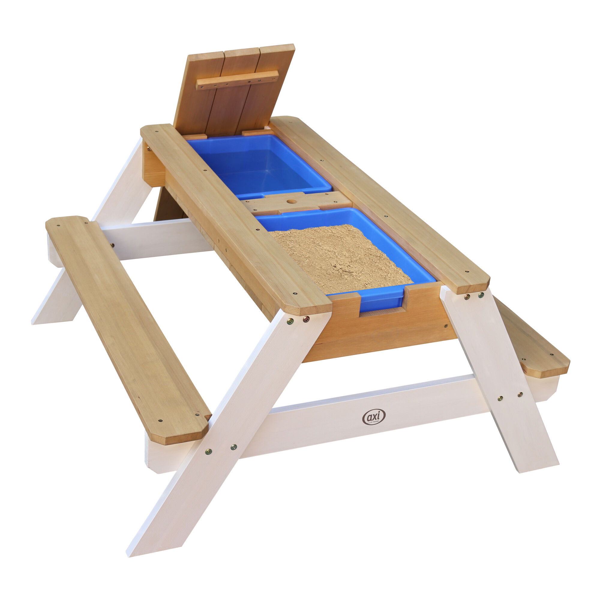 AXI Nick Zand & Water Picknicktafel Bruin/wit - Parasol Blauw/wit