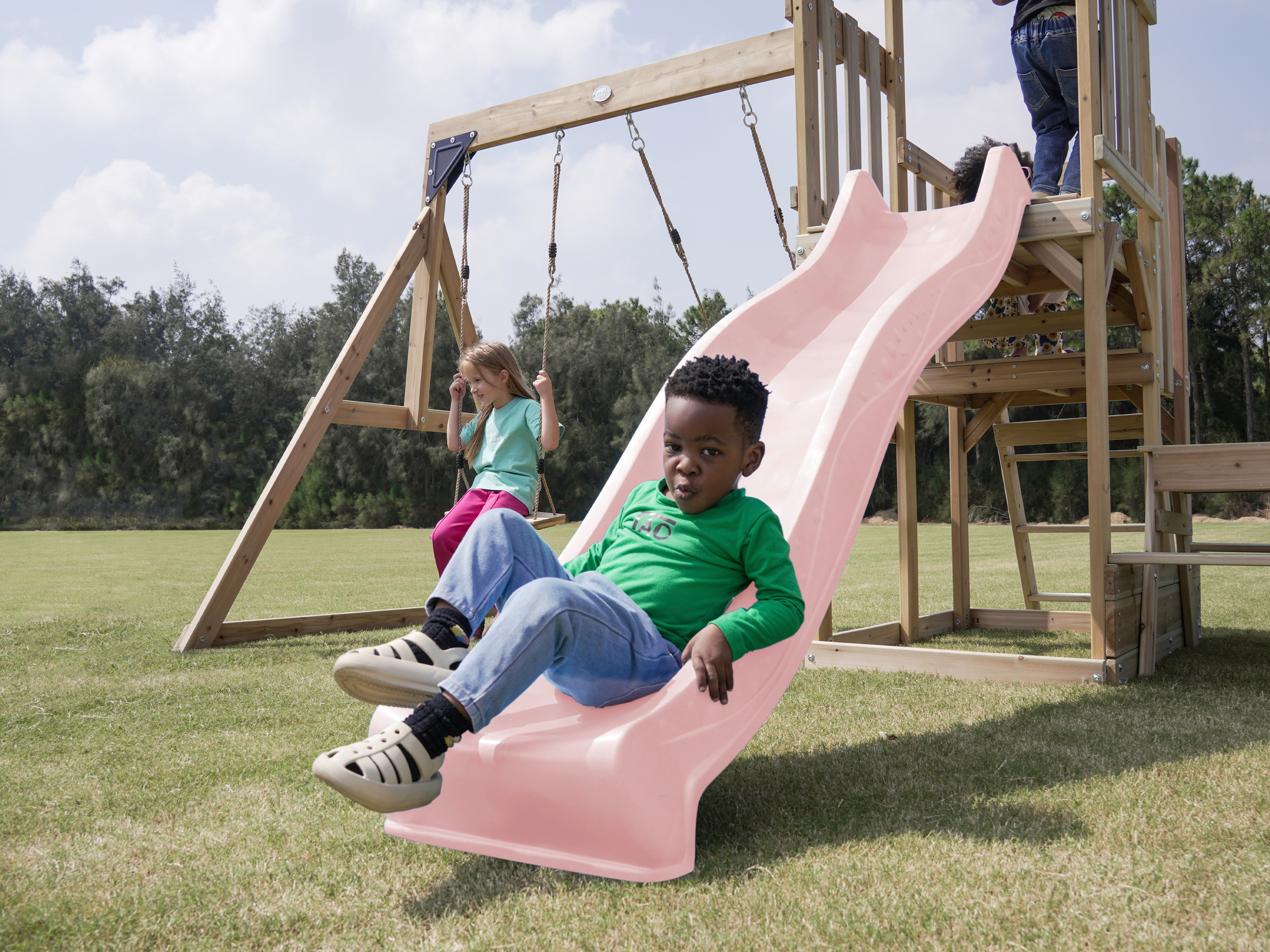 AXI Mette Climbing Frame with Double Swing Set and Picnic Table - Pastel Pink Slide