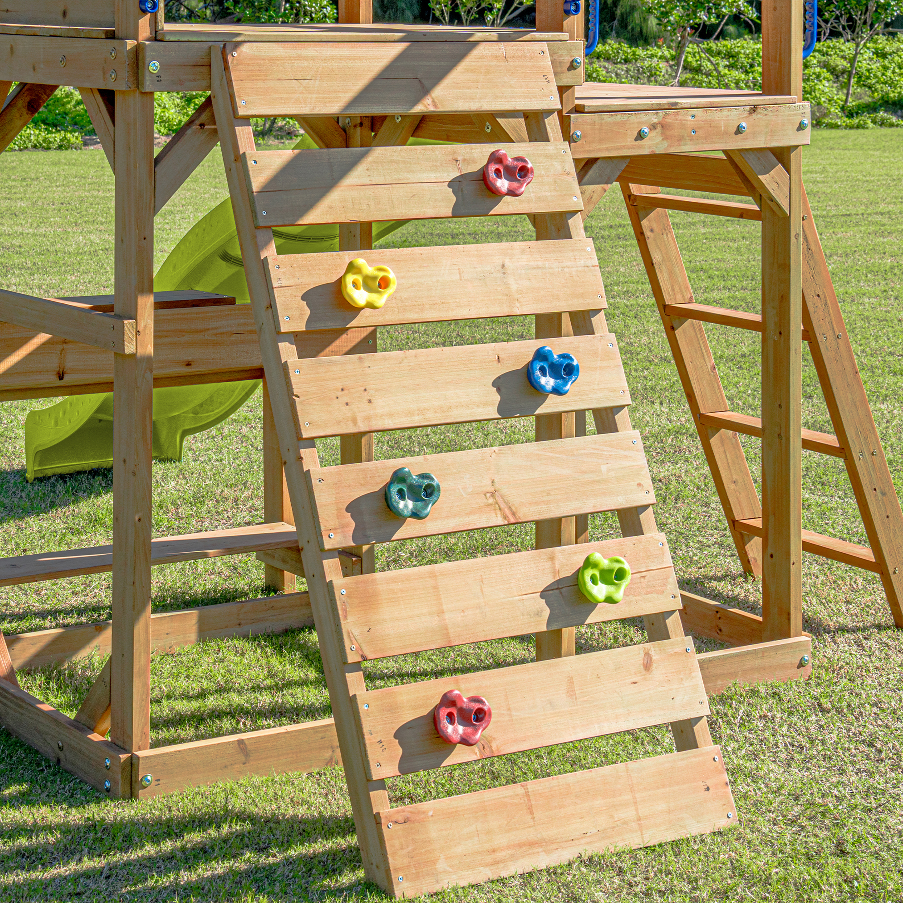 AXI Mitch Climbing Frame with Double Swing. Trapeze and Lookout Tower – Lime Green Slide