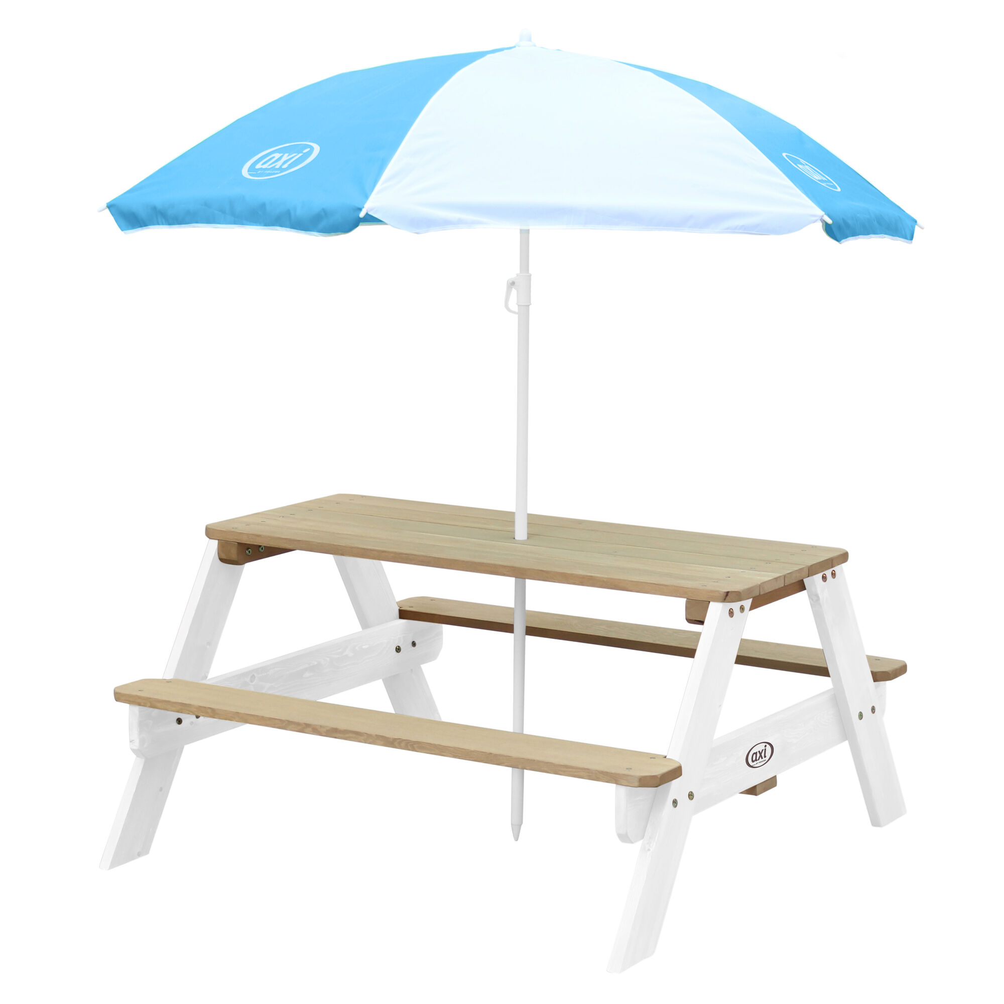 AXI Nick Picknicktafel Bruin/wit - Parasol Blauw/wit