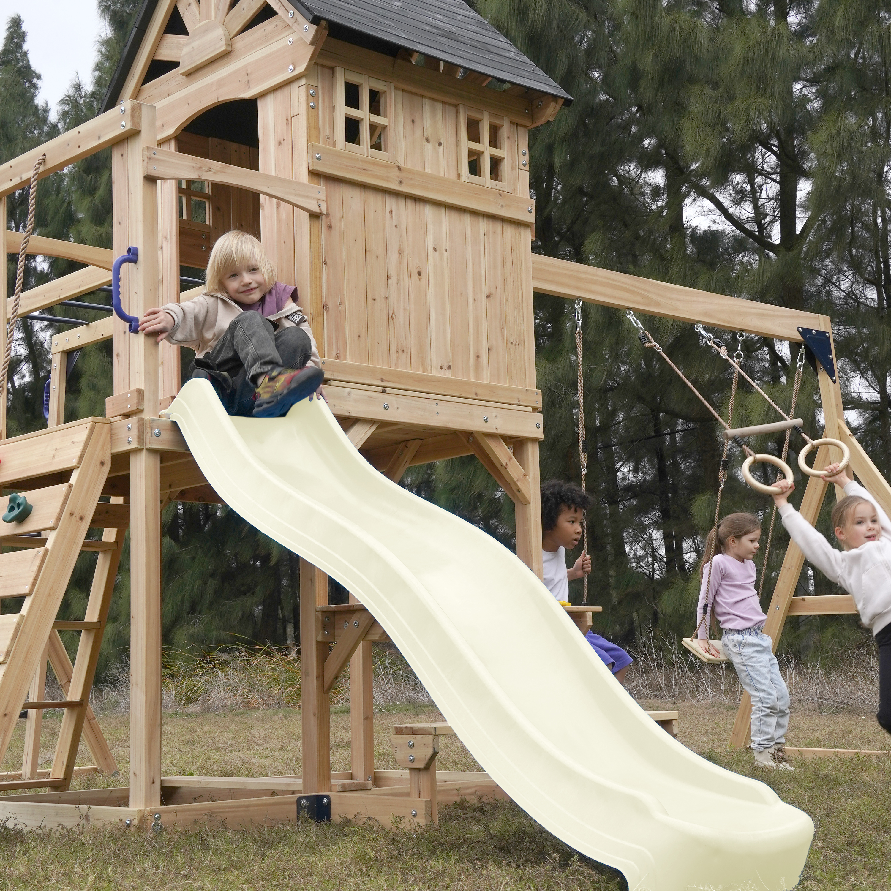 AXI Duncan Climbing Frame with Swings, Climbing Frames and Monkey Bars – Cream Slide