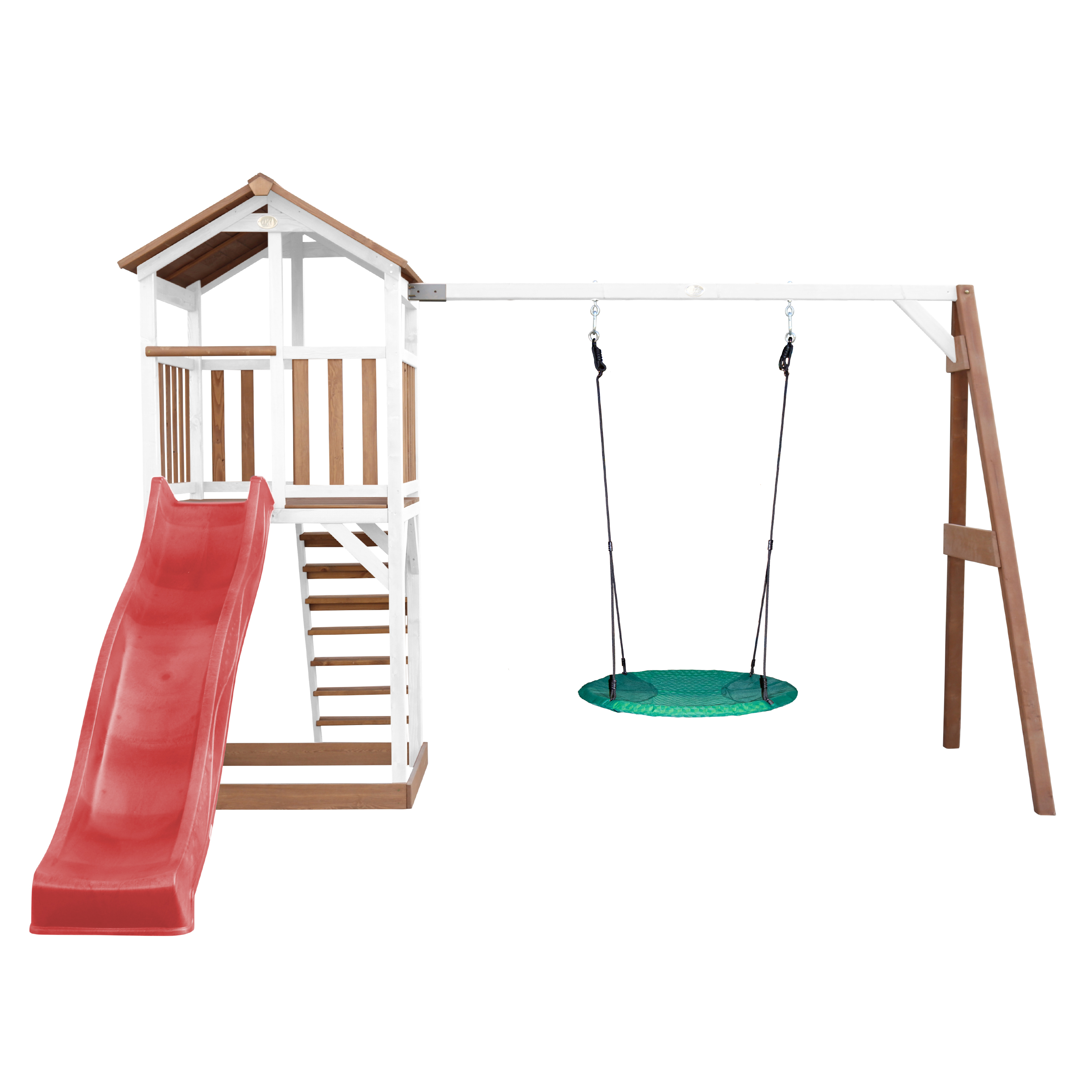 AXI Beach Tower with Summer Nest Swing Set Brown/White - Red Slide-8720365061684 AXI Beach Tower with Summer Nest Swing Set Brown/White - Red Slide