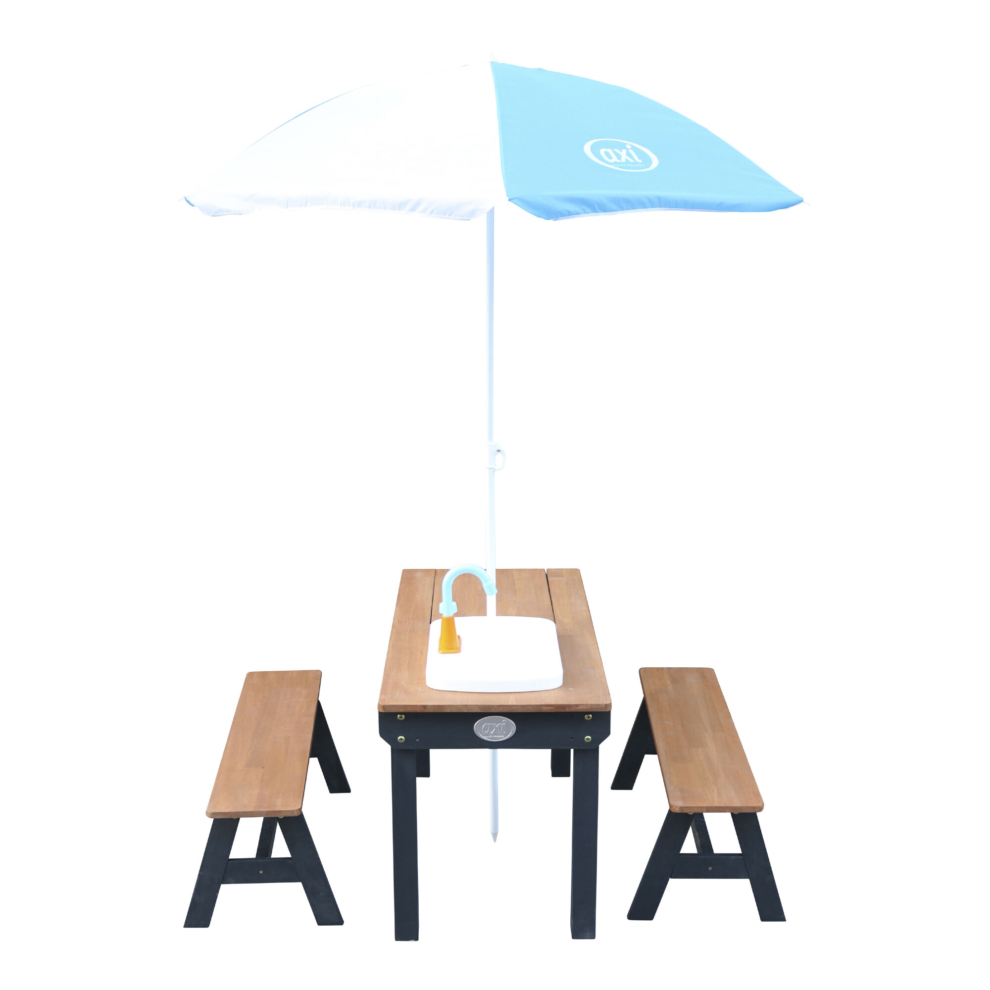 AXI Dennis Zand & Water Picknicktafel met Speelkeuken wastafel en losse bankjes Antraciet/bruin - Parasol Blauw/wit