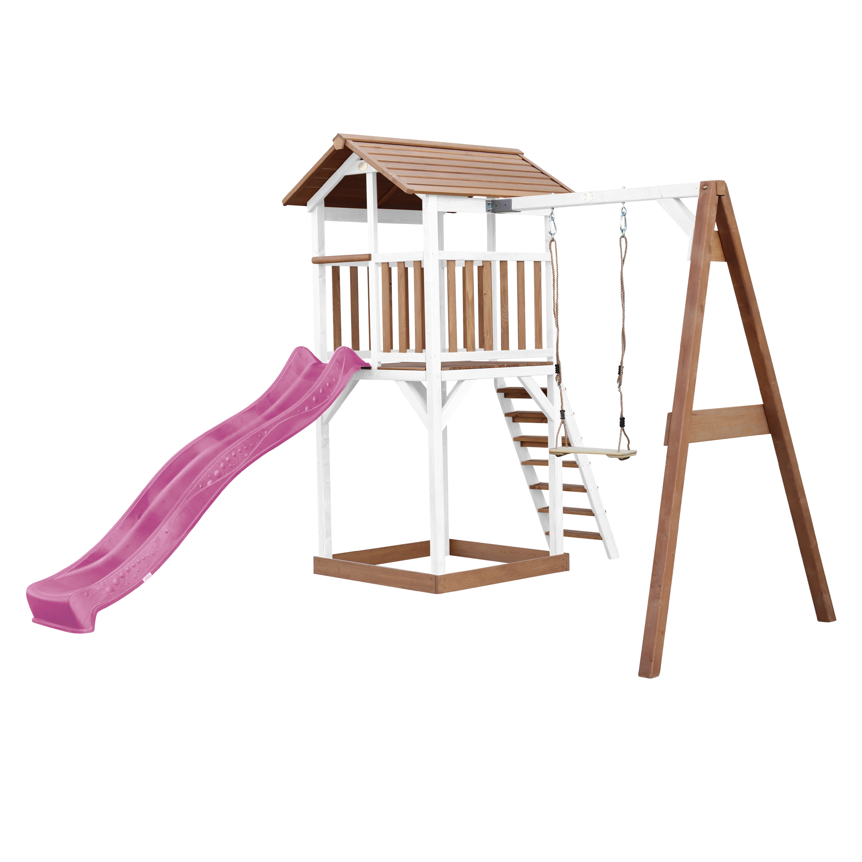 AXI Beach Tower with Single Swing Set Brown/White - Purple Slide-8720365061769 AXI Beach Tower with Single Swing Set Brown/White - Purple Slide
