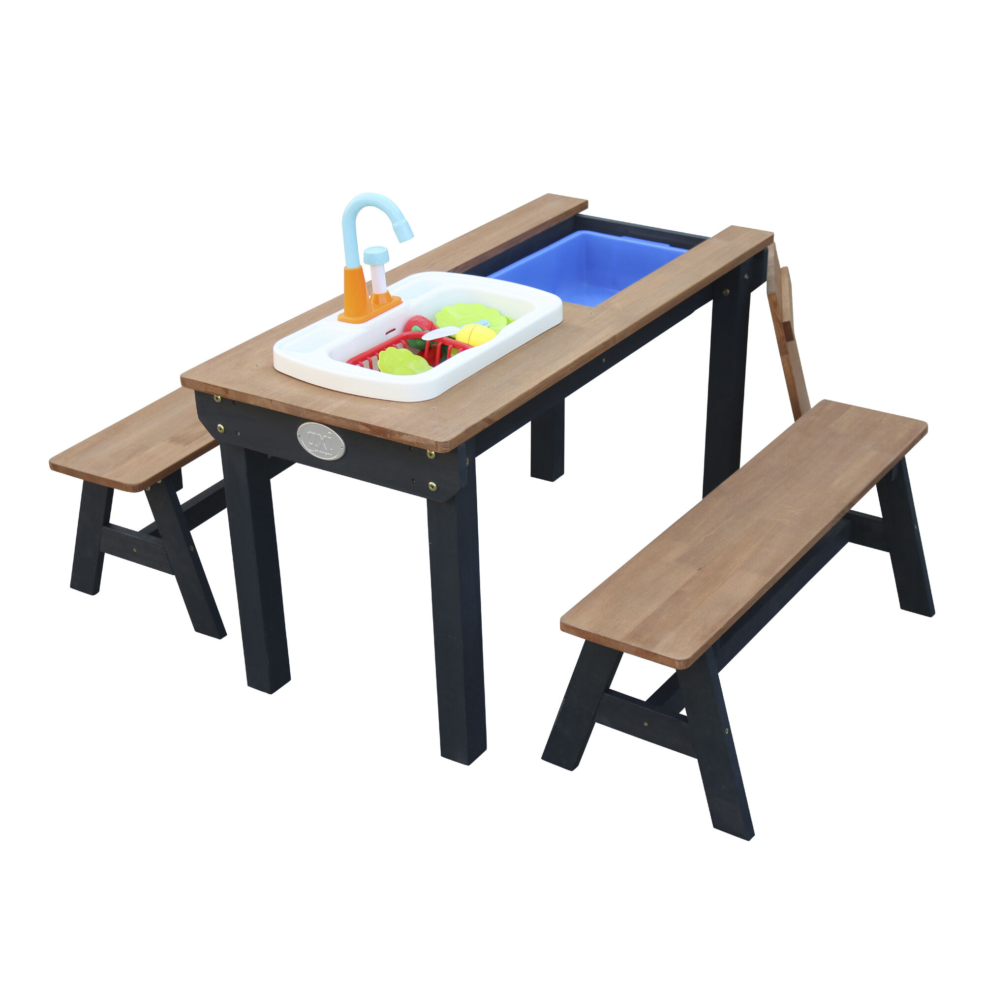 AXI Dennis Zand & Water Picknicktafel met Speelkeuken wastafel en losse bankjes Antraciet/bruin - Parasol Blauw/wit