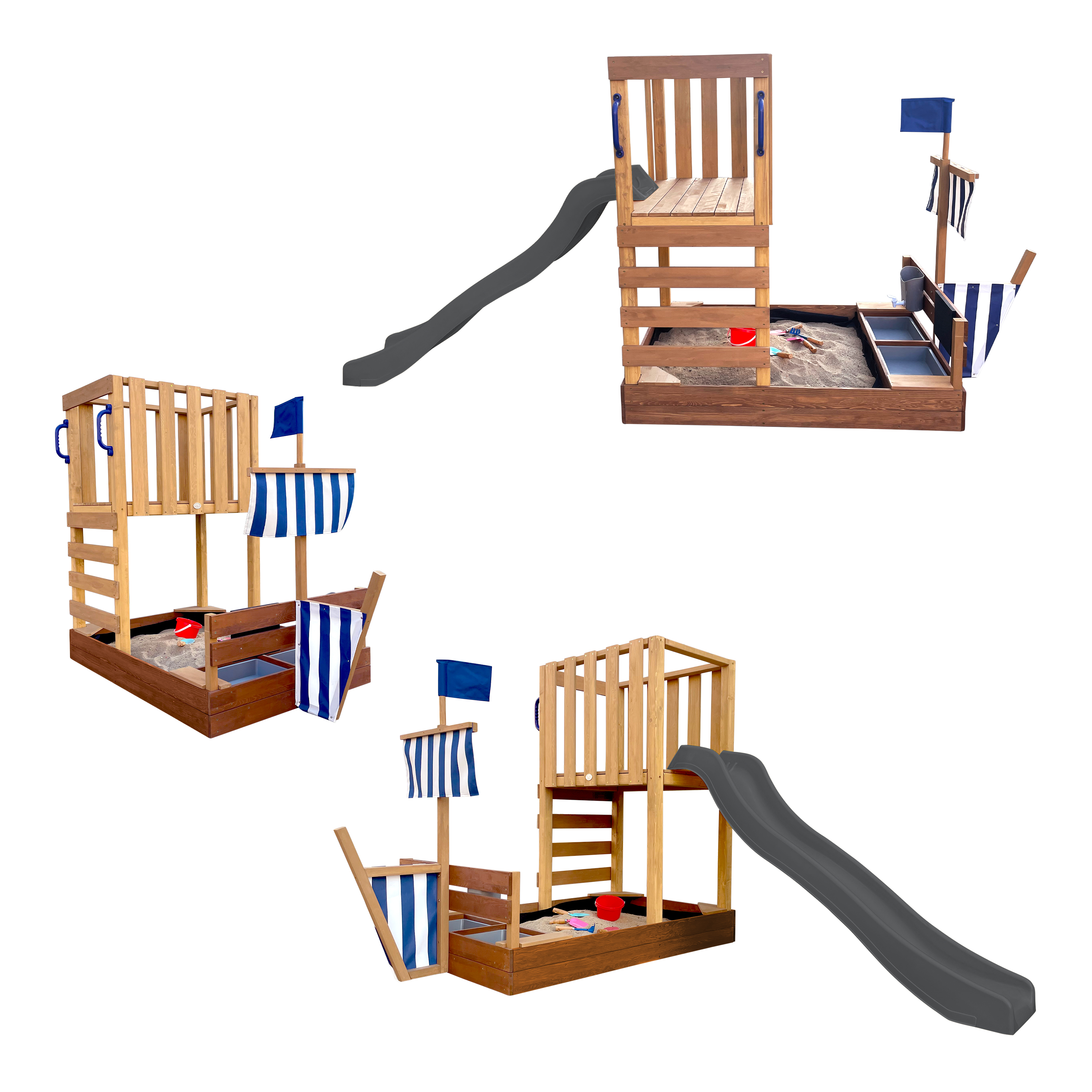 AXI Vicky Climbing Frame with Sandbox. Play Kitchen & Chalkboard – Grey Slide