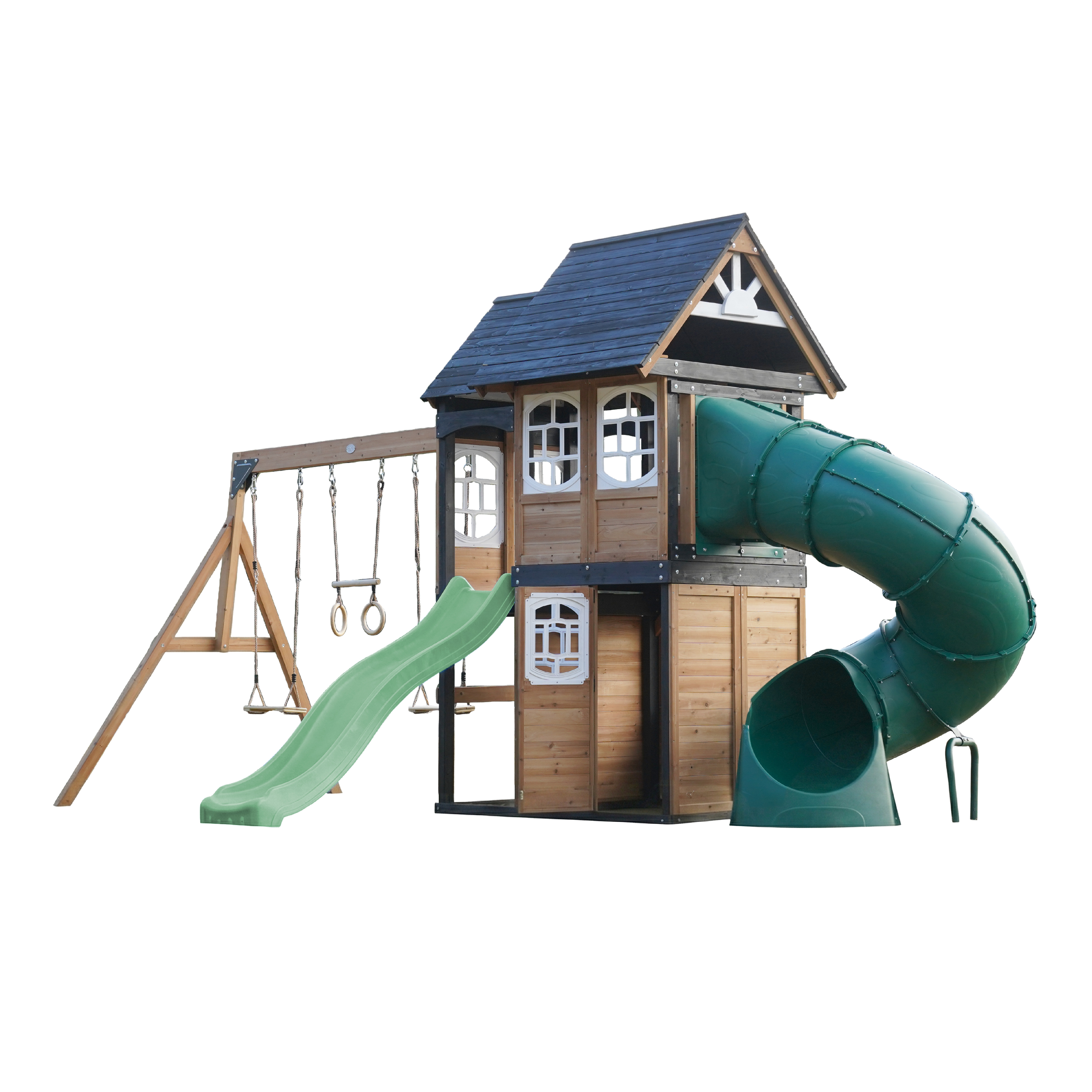 AXI Noud Climbing Frame with Playhouse, Swings, Trapeze and Climbing Wall – Pastel Green Slide and Tube Slide